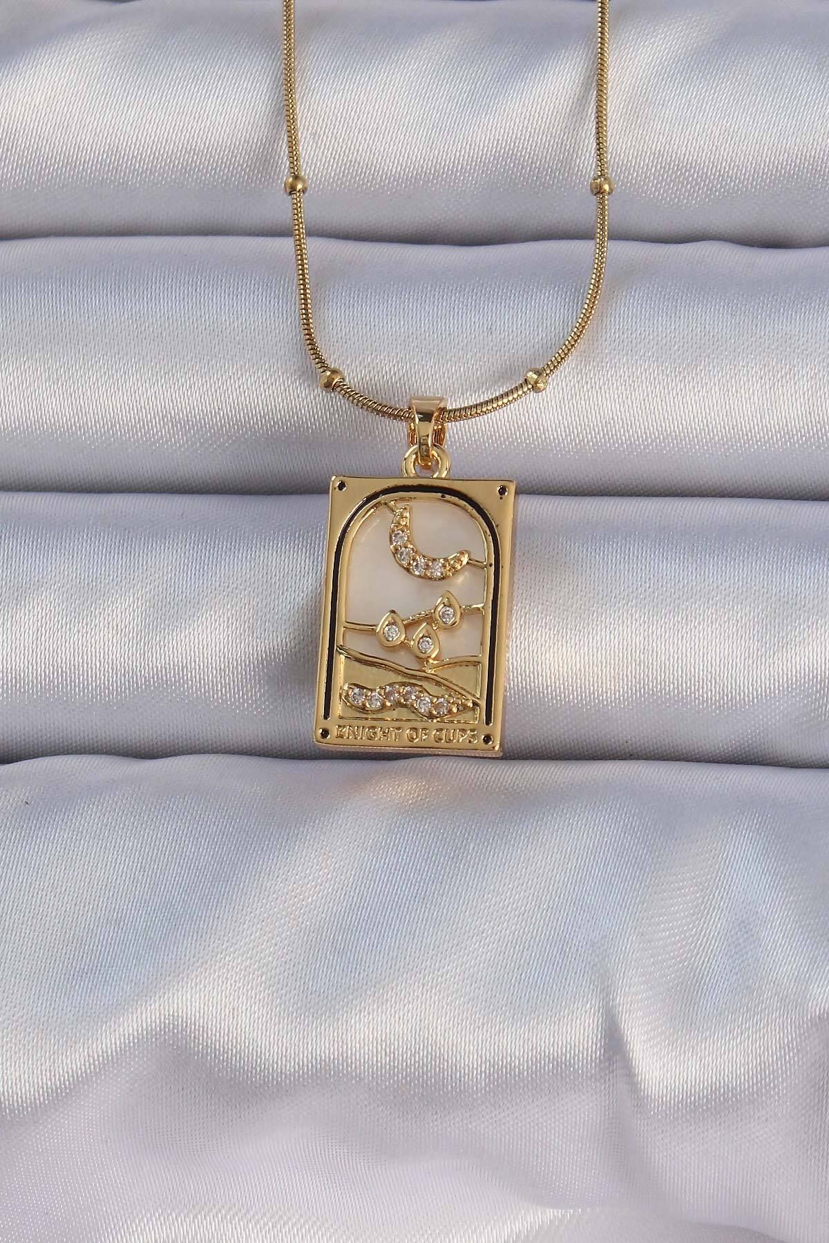 ANATOLİA TASARIM 316L Çelik Gold Renk Zirkon Taşlı Ay Figürlü Tarot Kolye