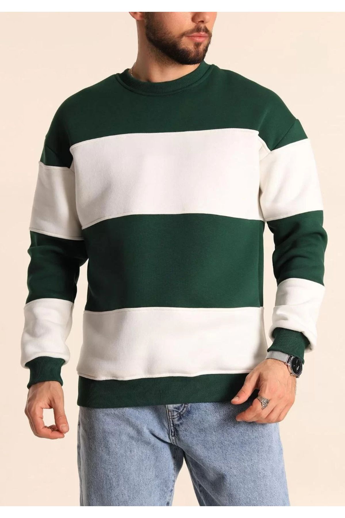 SA Alişveriş Dünyam Parçalı Bisiklet Yaka Baskılı SweatShirt - Yeşil