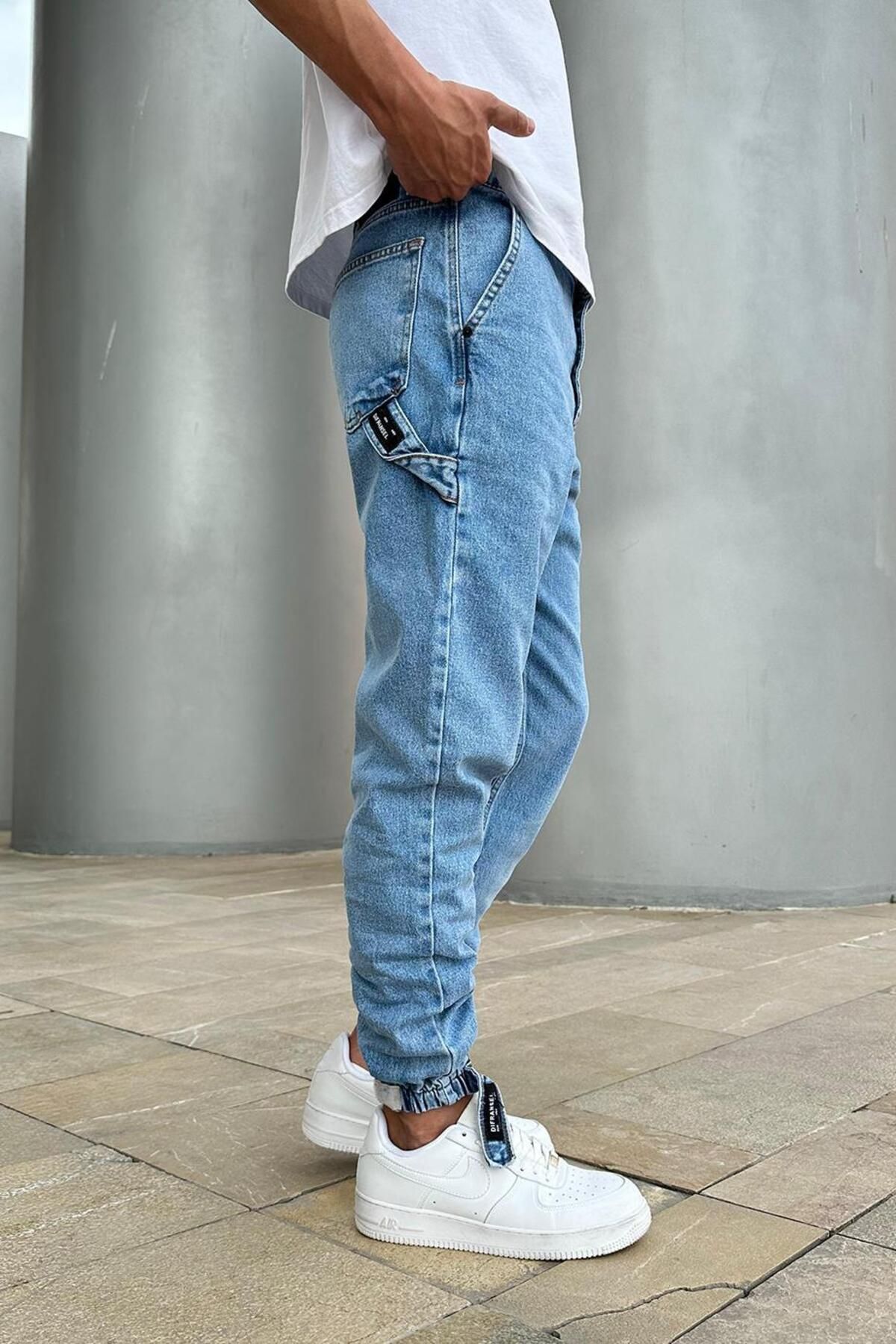 HAFKAGİYİM-Pantaloni Boyfriend A4 DL cu textura ALBASTRĂ cu picioare elastice 2