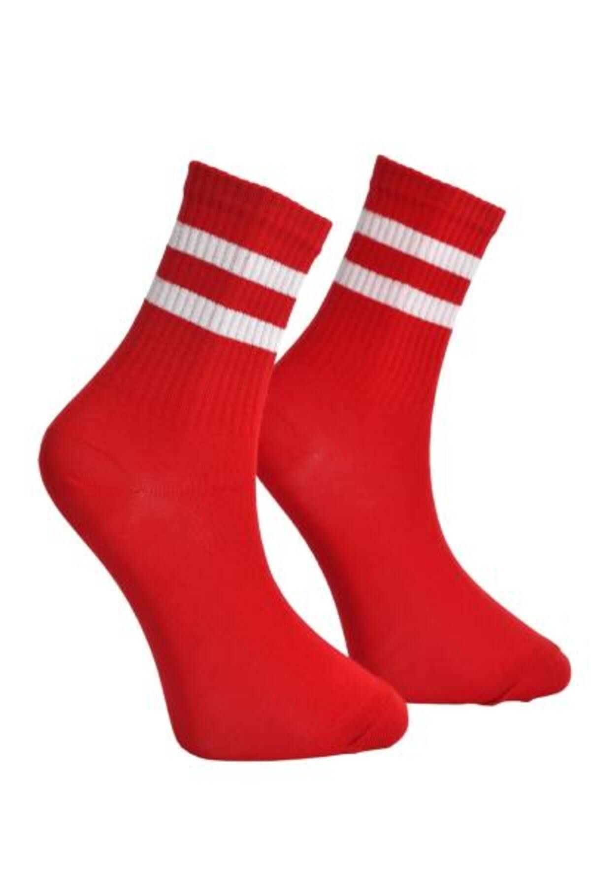 PİNK STAR Unisex Beyaz Çift Şeritli Çorap Kırmızı - LksÇrp09