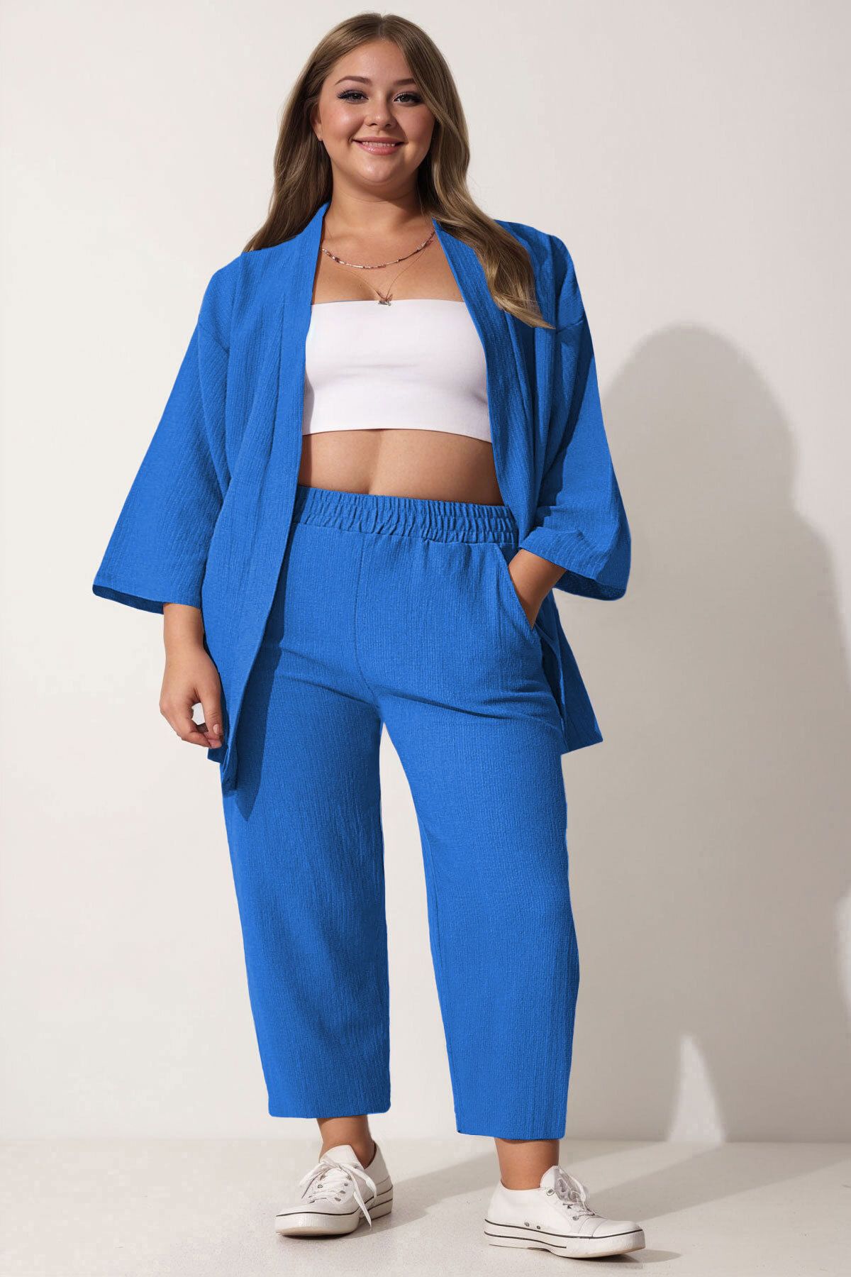 SUHIS Set Tricotat Cu Pantaloni Kimono Albaștri De Mărime Mare Femeie - 4XL