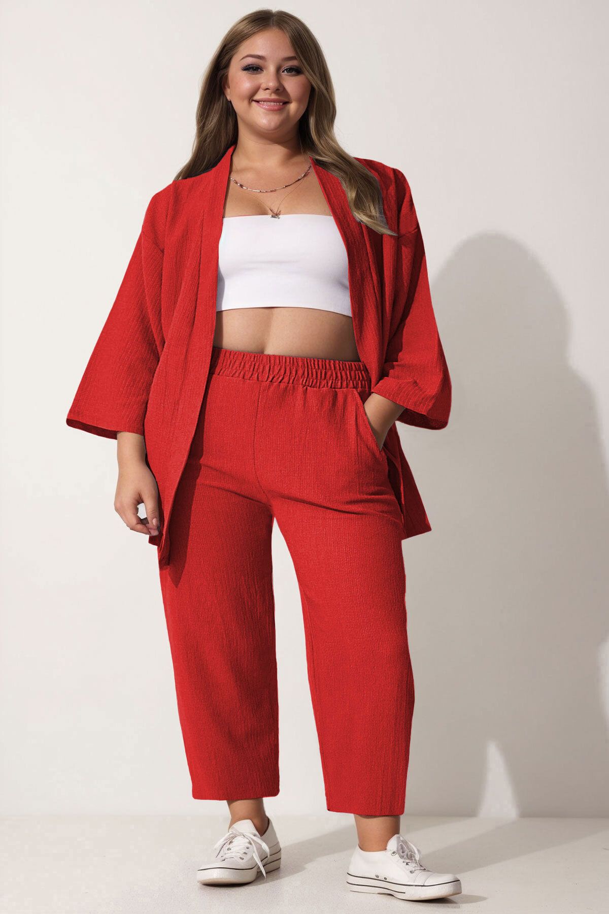 SUHIS Set Tricotat Cu Pantaloni Kimono Roșii De Mărime Mare Femeie - XL