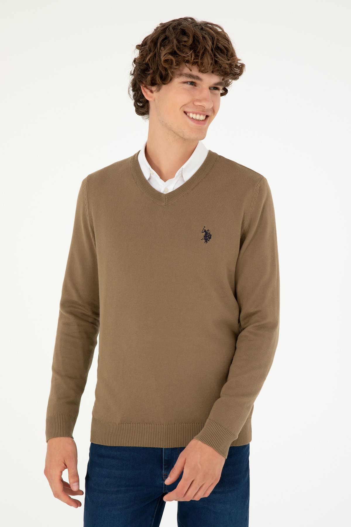 U.S. Polo Assn.-Men's Slim Fit V-Neck Khaki Basic Sweater 50293512 -Vr027 3