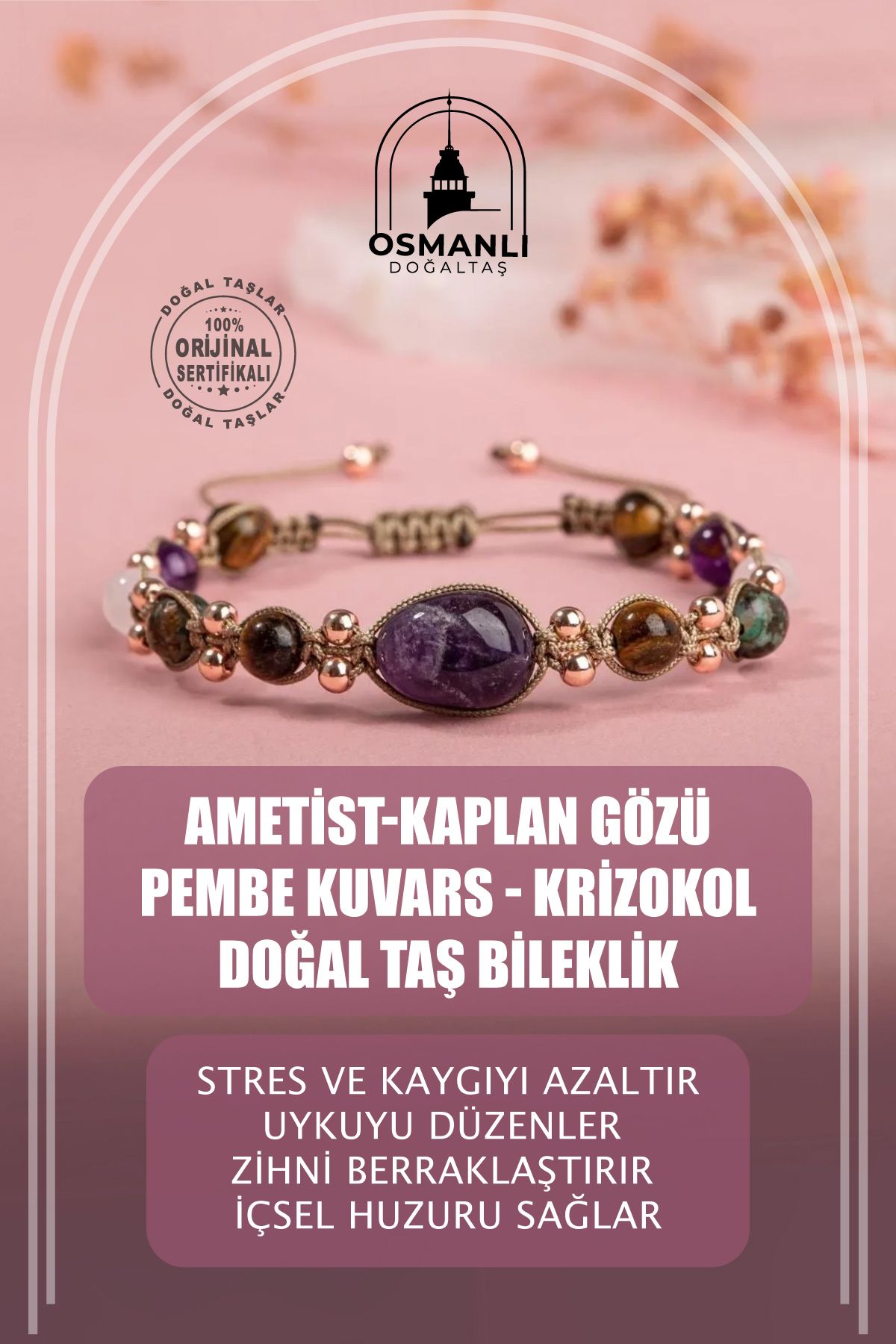 Ametist-kaplan Gözü-pembe Kuvars-krizokol Doğal Taş Bileklik