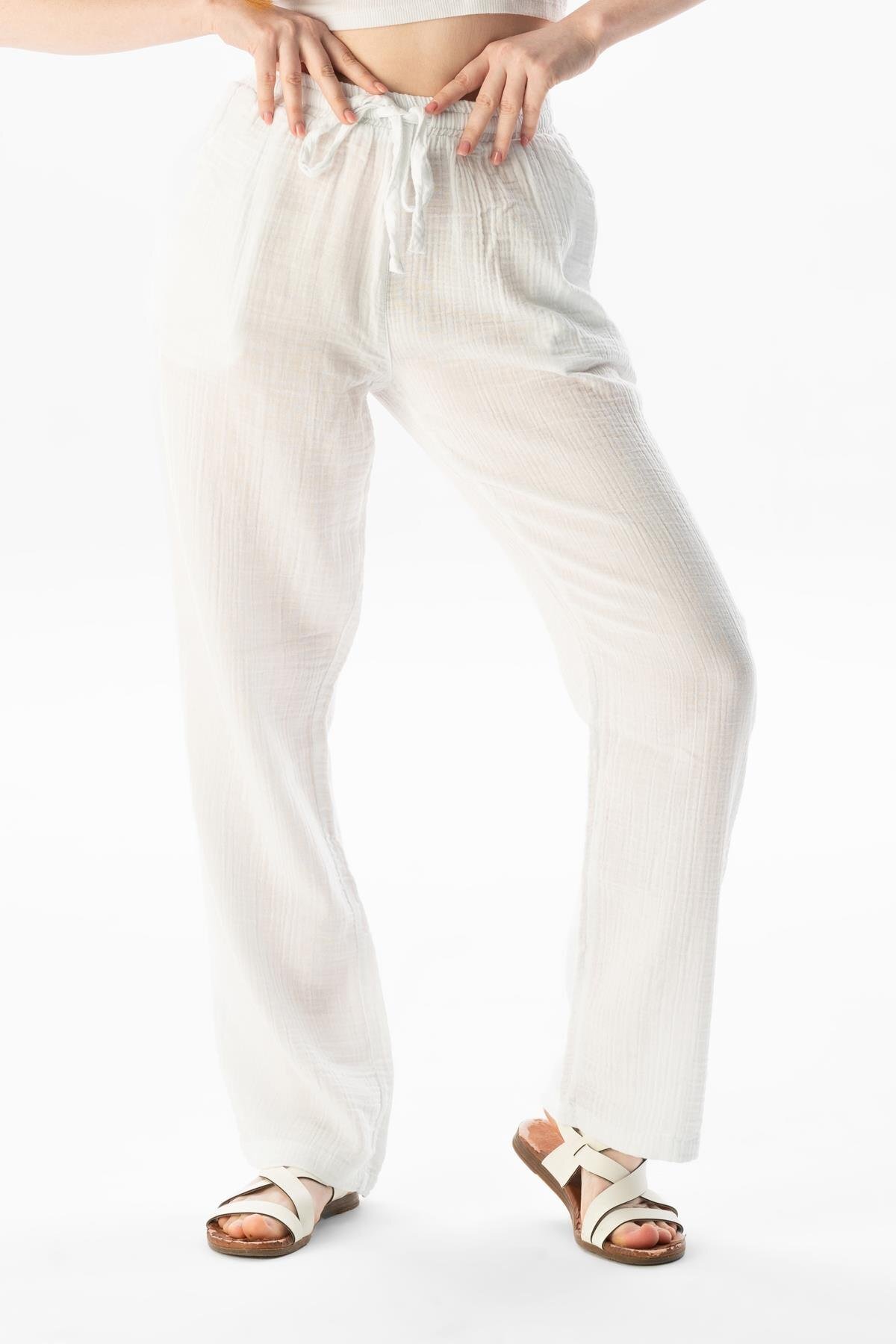 Eliş Şile Bezi-Γυναικείο καλοκαιρινό παντελόνι Muslin Waist Laced Double Pocket White Byz 5