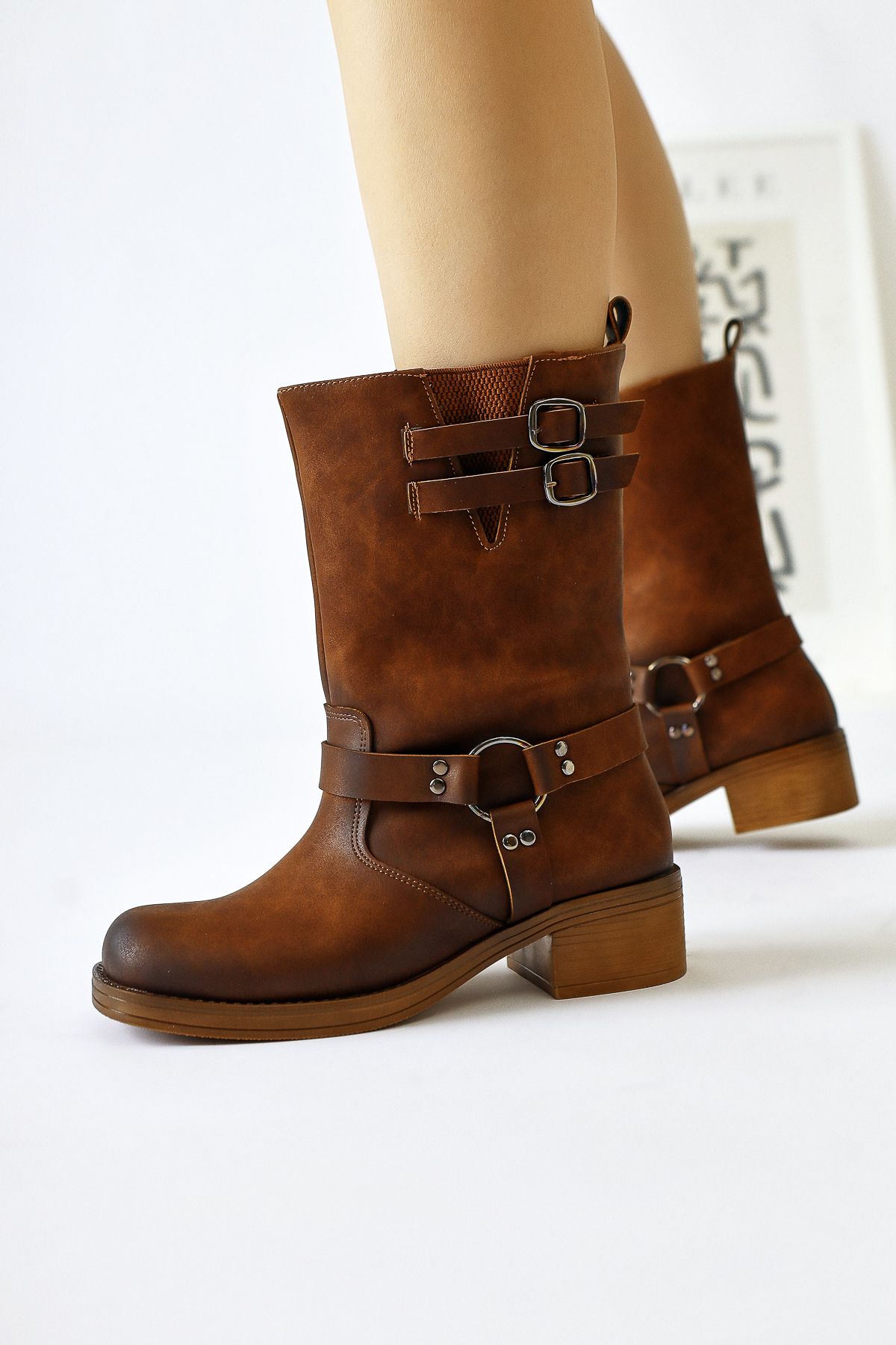 Limoya-Maggie Tan Buckle Detailed Elastic Long Pull-On Boots 1