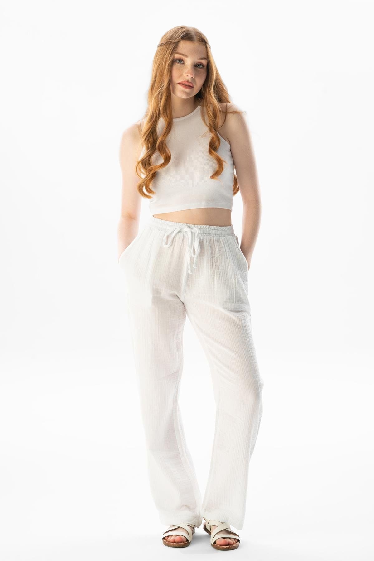 Eliş Şile Bezi-Γυναικείο καλοκαιρινό παντελόνι Muslin Waist Laced Double Pocket White Byz 2