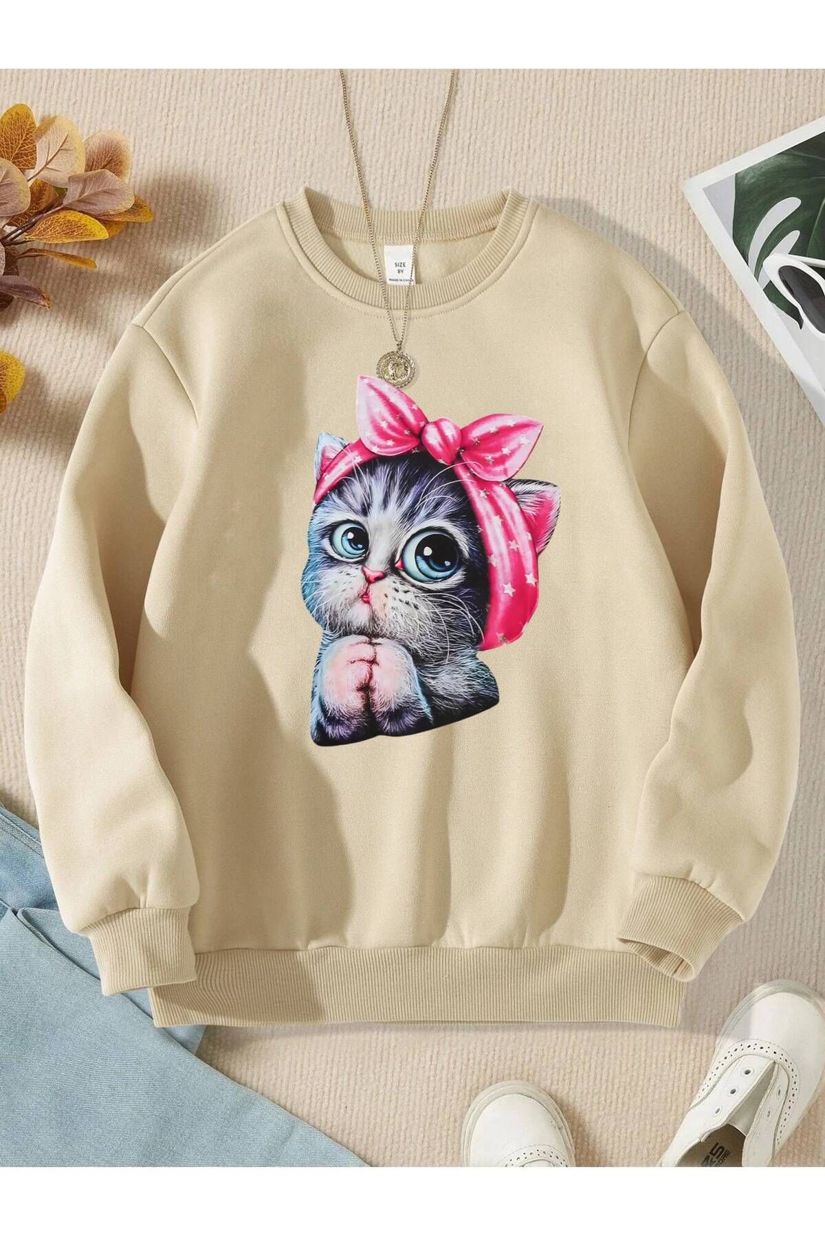 LePold-3 Yarn Bicycle Collar Sweet Cat Printed Girl's Sweatshirt 1