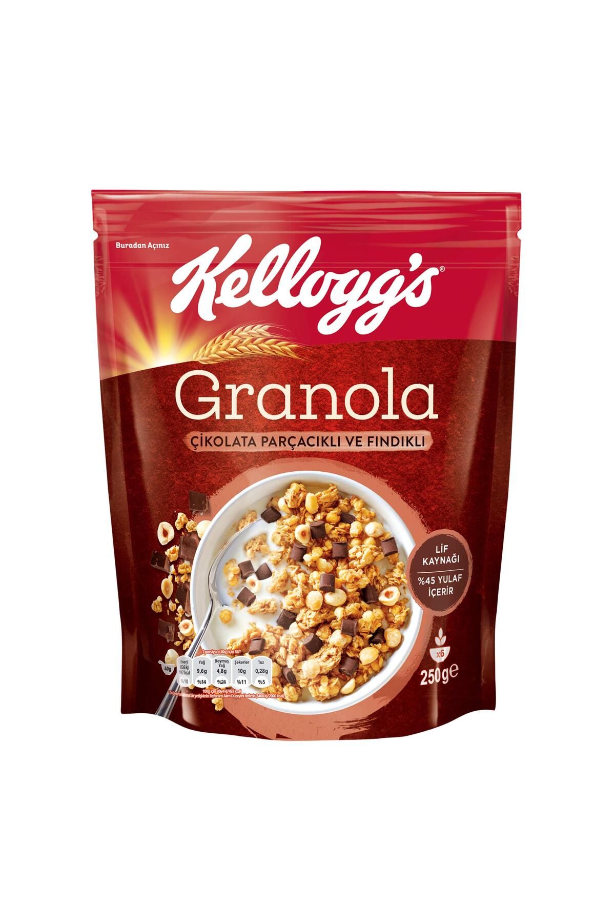 Kellogg's Çikolata Parçacıklı Ve Fındıklı Granola 250 Gr,%44 Yulaf,lif Kaynağı,kahvaltılık Gevrek