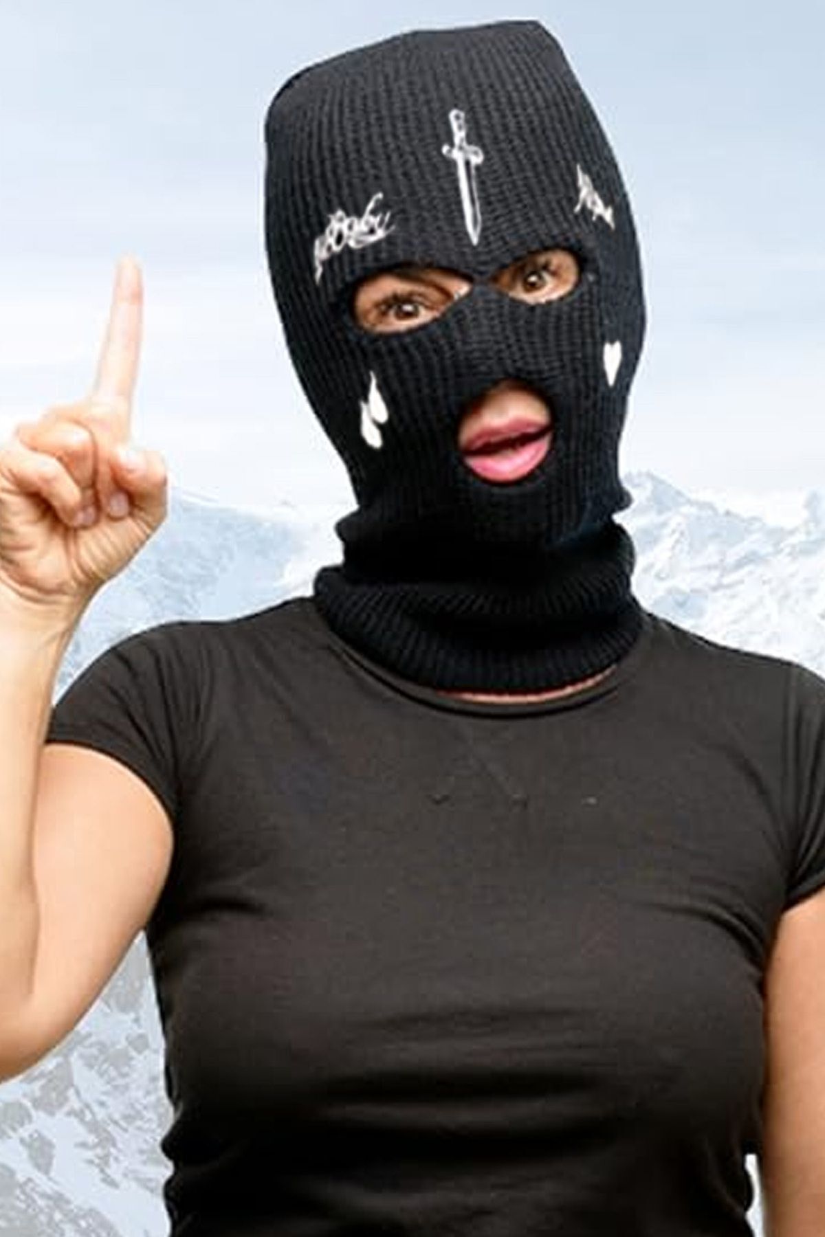 Belifanti Collection  Örme Unisex Kılıç Gözyaşı Nakışlı Kar Maskesi Siyah - Görsel 2