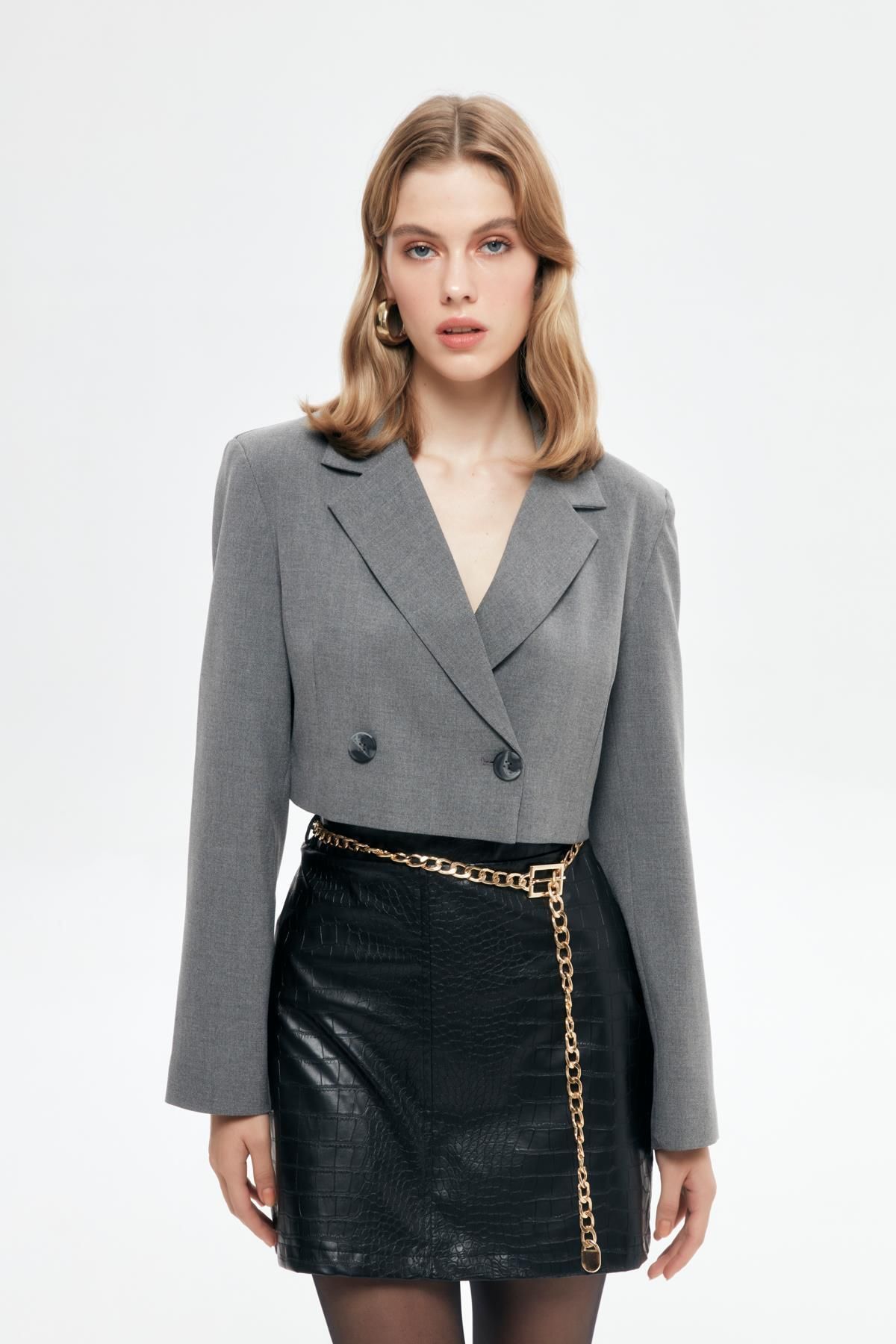 Quzu-Gray Crop Jacket - Single Button 2