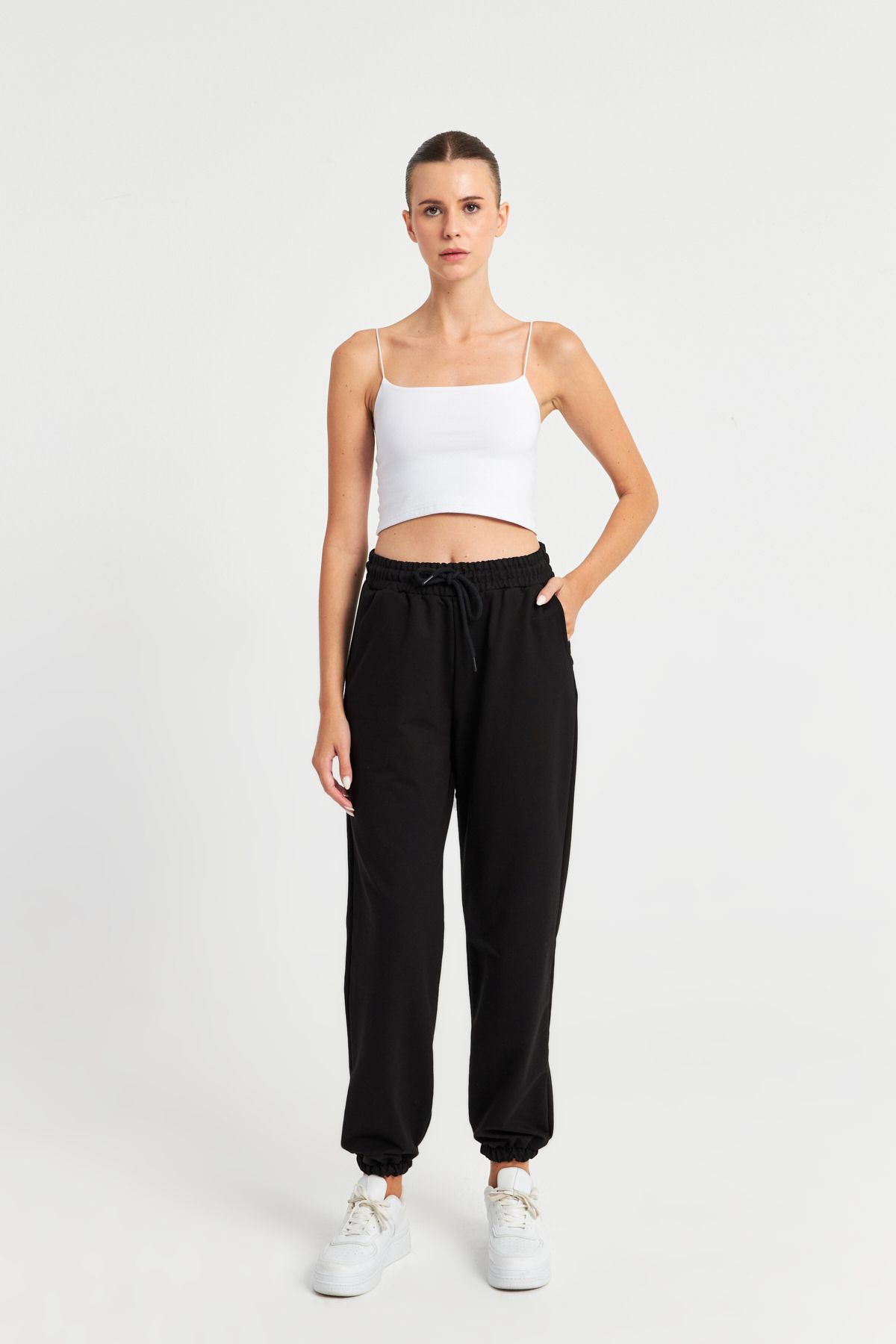 Ecrou-Pantaloni negri tricotați oversize Jogger de damă 3