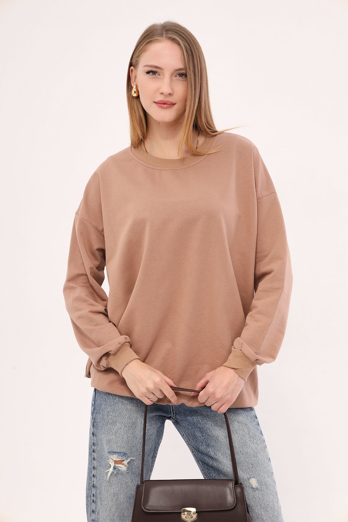 armonika-Women's Mink Round Collar Oversize Sweatshirt ARM-22K024027 4