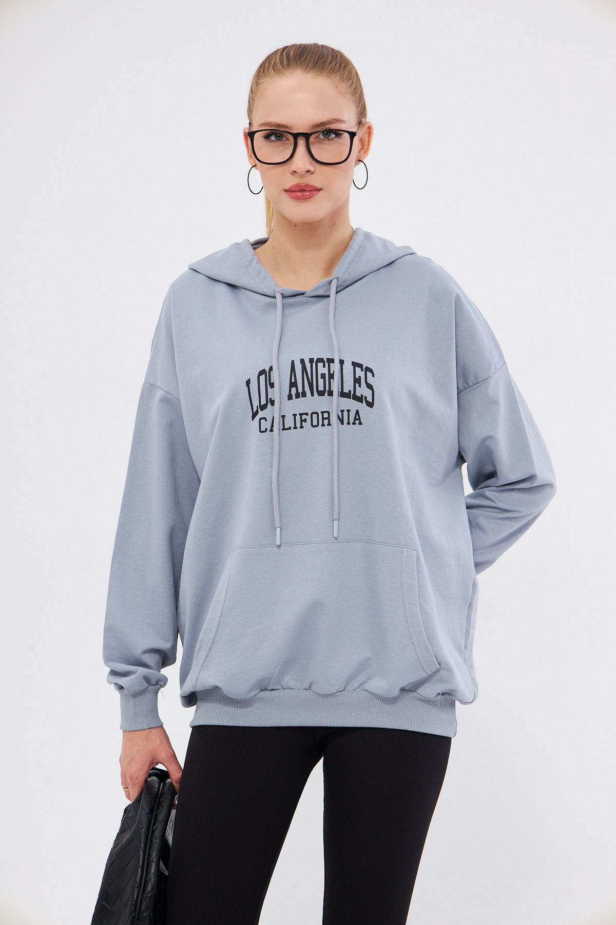 armonika-Los Angeles Printed Gray Oversize Hooded Women's Sweatshirt - Arm-25K 001026 1