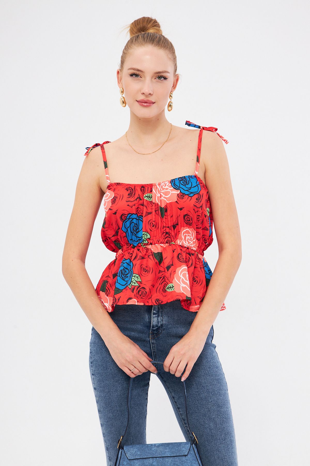 armonika-Red Patterned Women's Crop Blouse - Strapless with Rubber Waist and Tie Detail Arm-24Y 001116 3