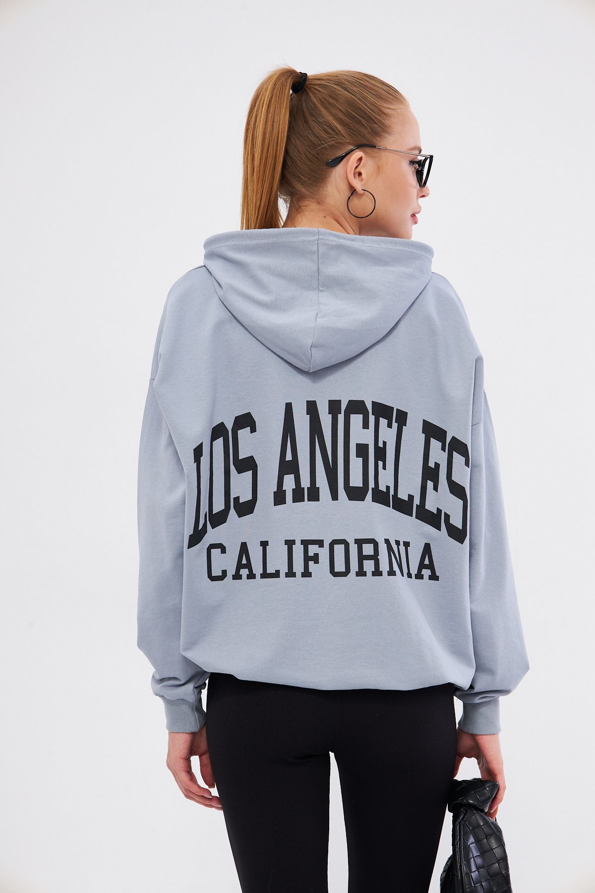 armonika-Los Angeles Printed Gray Oversize Hooded Women's Sweatshirt - Arm-25K 001026 5