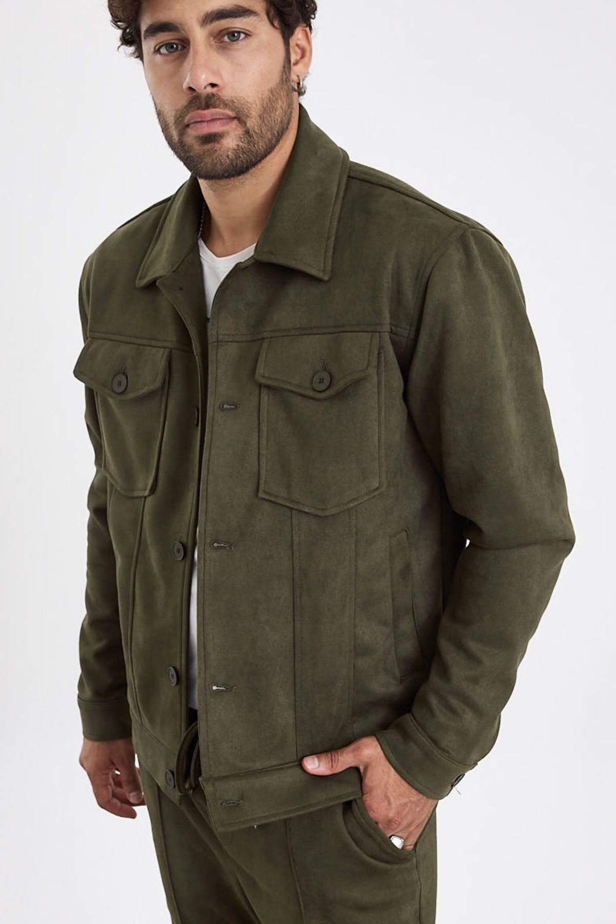 MADZEYMODA-New Season Men's Scuba Khaki Green Suede Jacket Mz56114 8