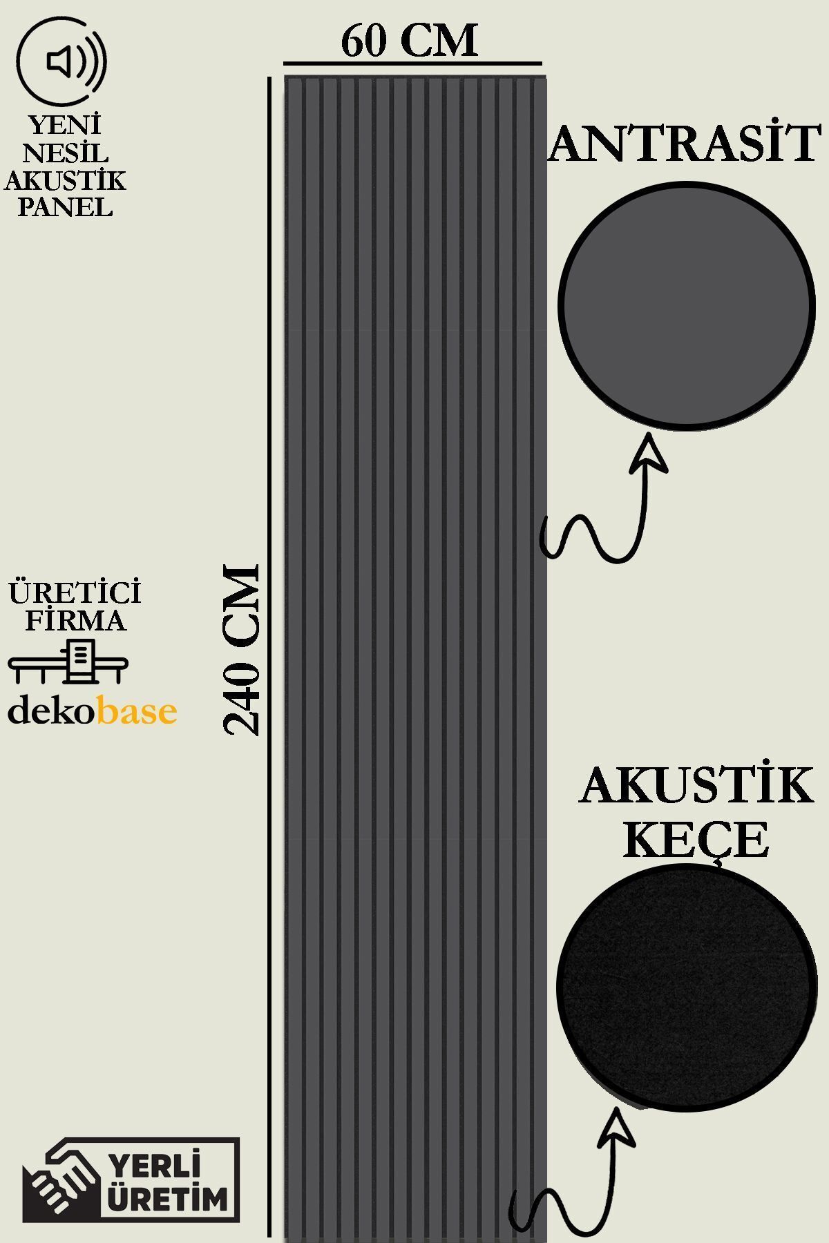 60x240 Cm Antrasit Renk Akustik Ahşap Duvar Paneli