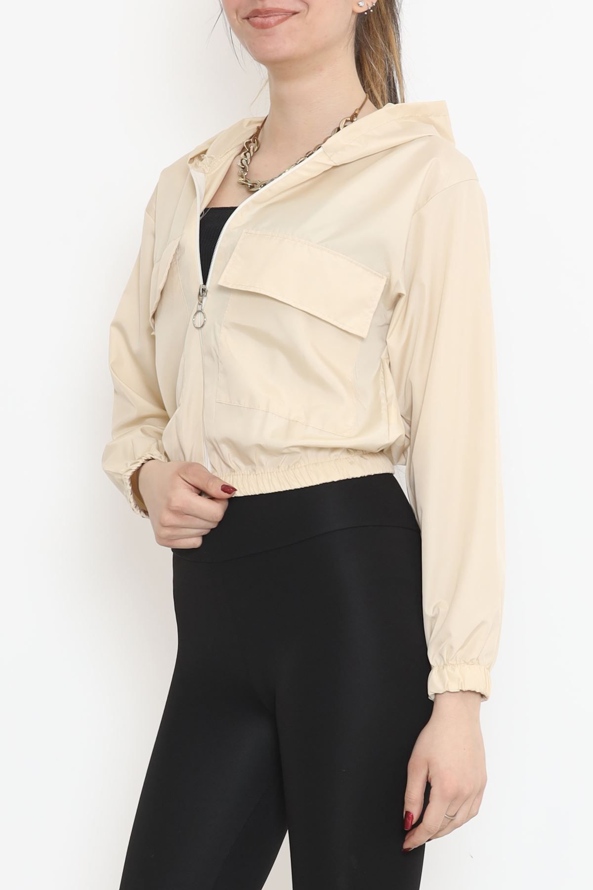 Kapamarka-Beige Crop Raincoat with Double Pockets - 17743.1247 3