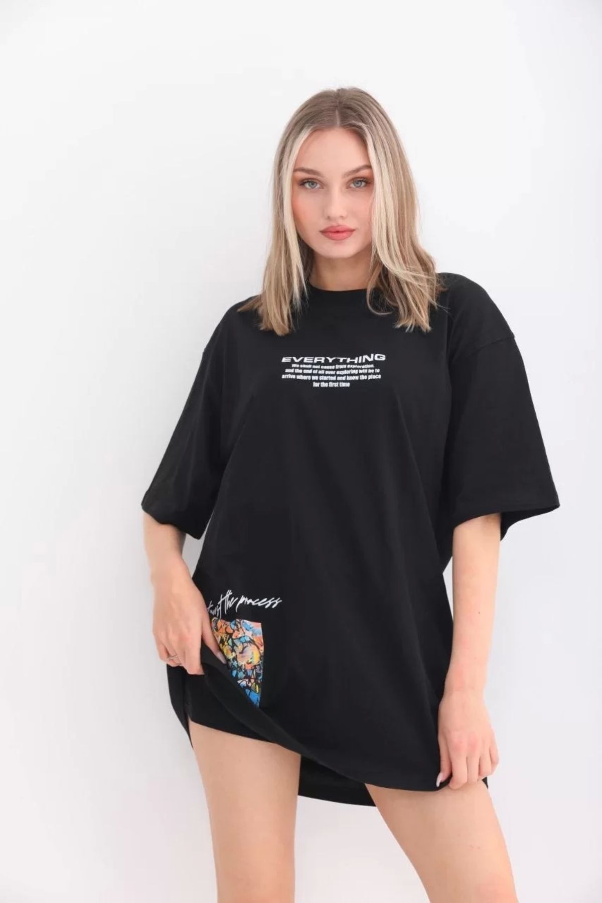 New Shine Unisex Bisiklet Yaka Baskılı Oversize T-Shirt - Siyah