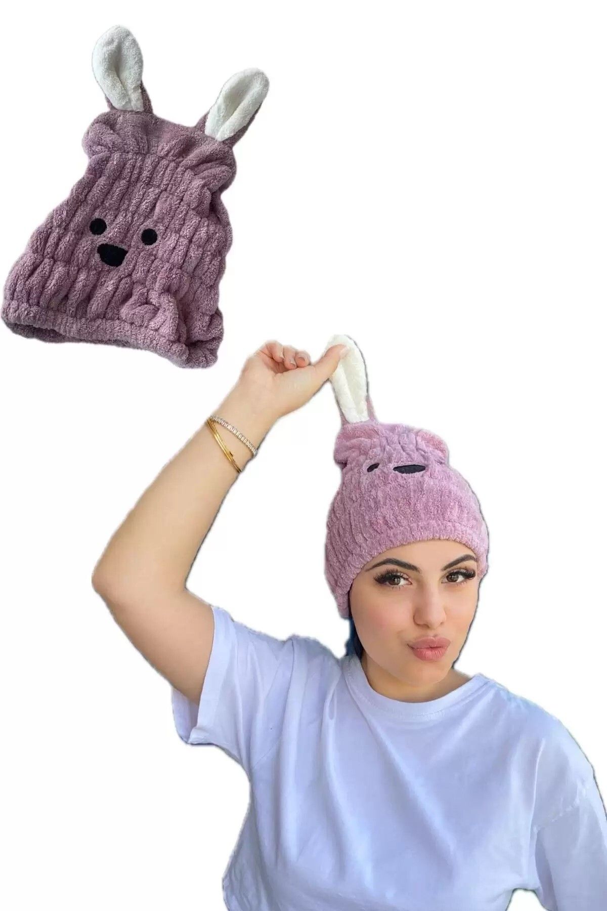 CAŞ DEKORASYON-Purple Rabbit Figured Hair Towel - Elastic Cap 1