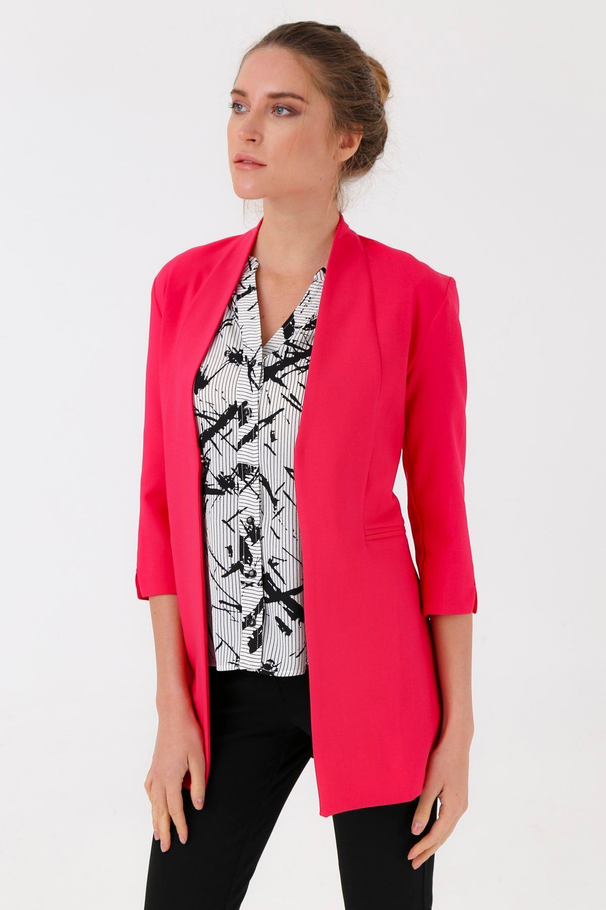 Jument-Magnificent Guler Flato Buzunar Slit Long Blazer Fabric Jachetă-fujaya 3