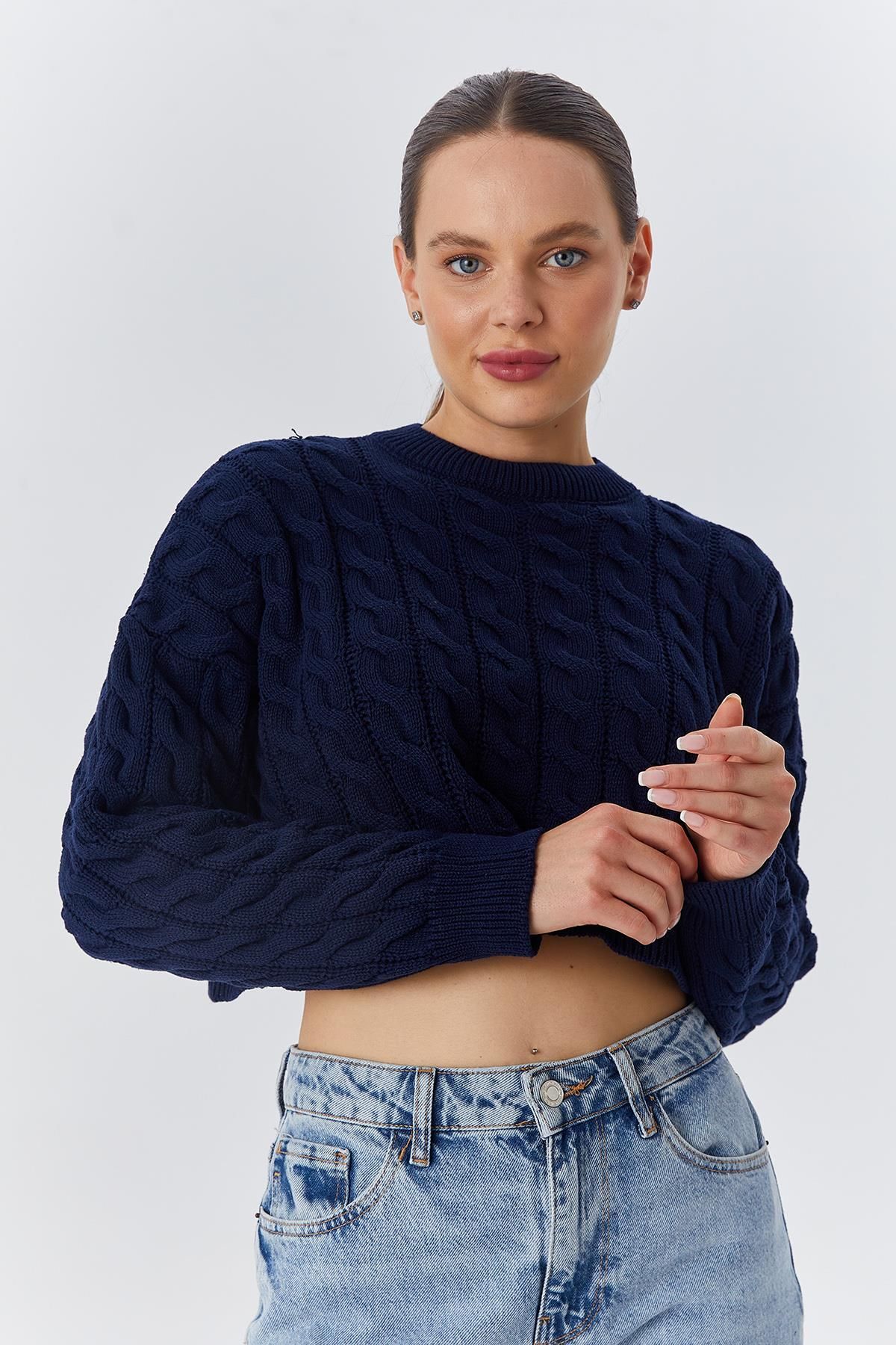 Mixray-6863 Women's Braided Crop Knitwear Sweater Navy Blue 3