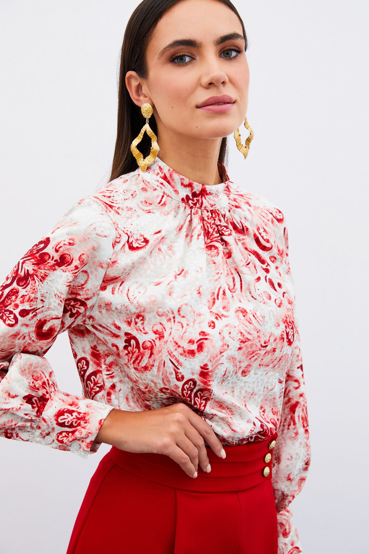 Sateen-Red Patterned Stand Collar Blouse 4