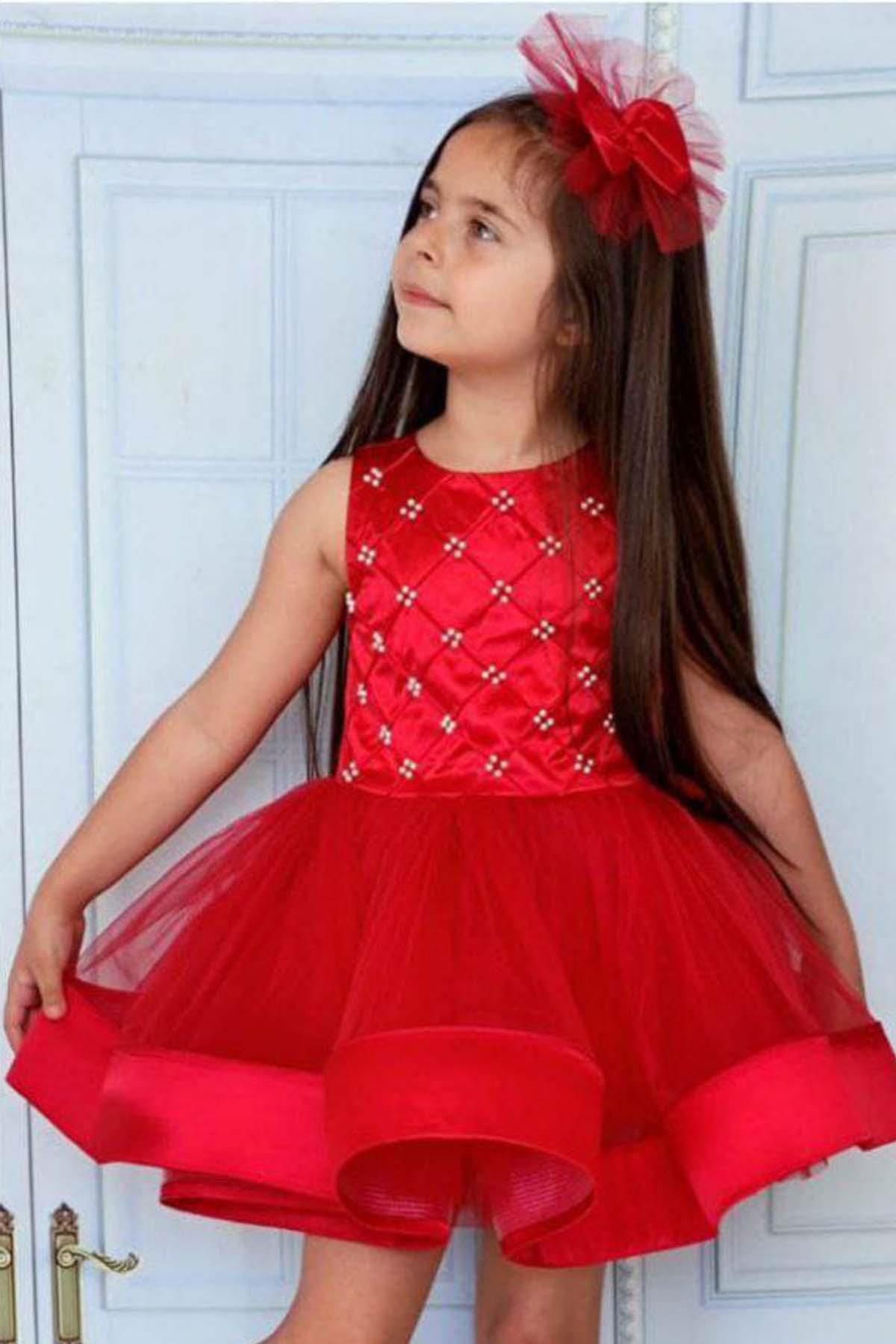 Riccotarz-Girl's Red Evening Dress with Pearl Beads and Skirt Tip Ribbon Detail 2