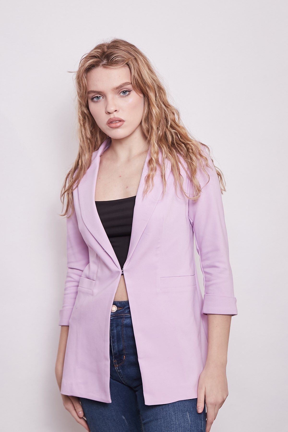 Jument-Capri Manecă trei sferturi Închizătură decorativă pentru buzunar Blazer de birou Jachetă din stofă-liliac 2