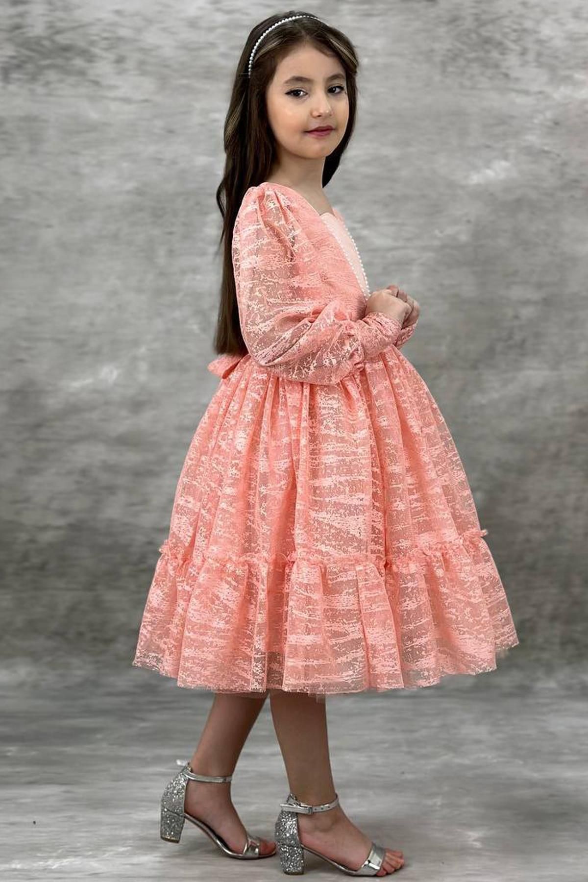 Riccotarz-Girl's Salmon Evening Dress with Transparent Sleeves, Pearl Beaded Neck and Ruffled Hem 2