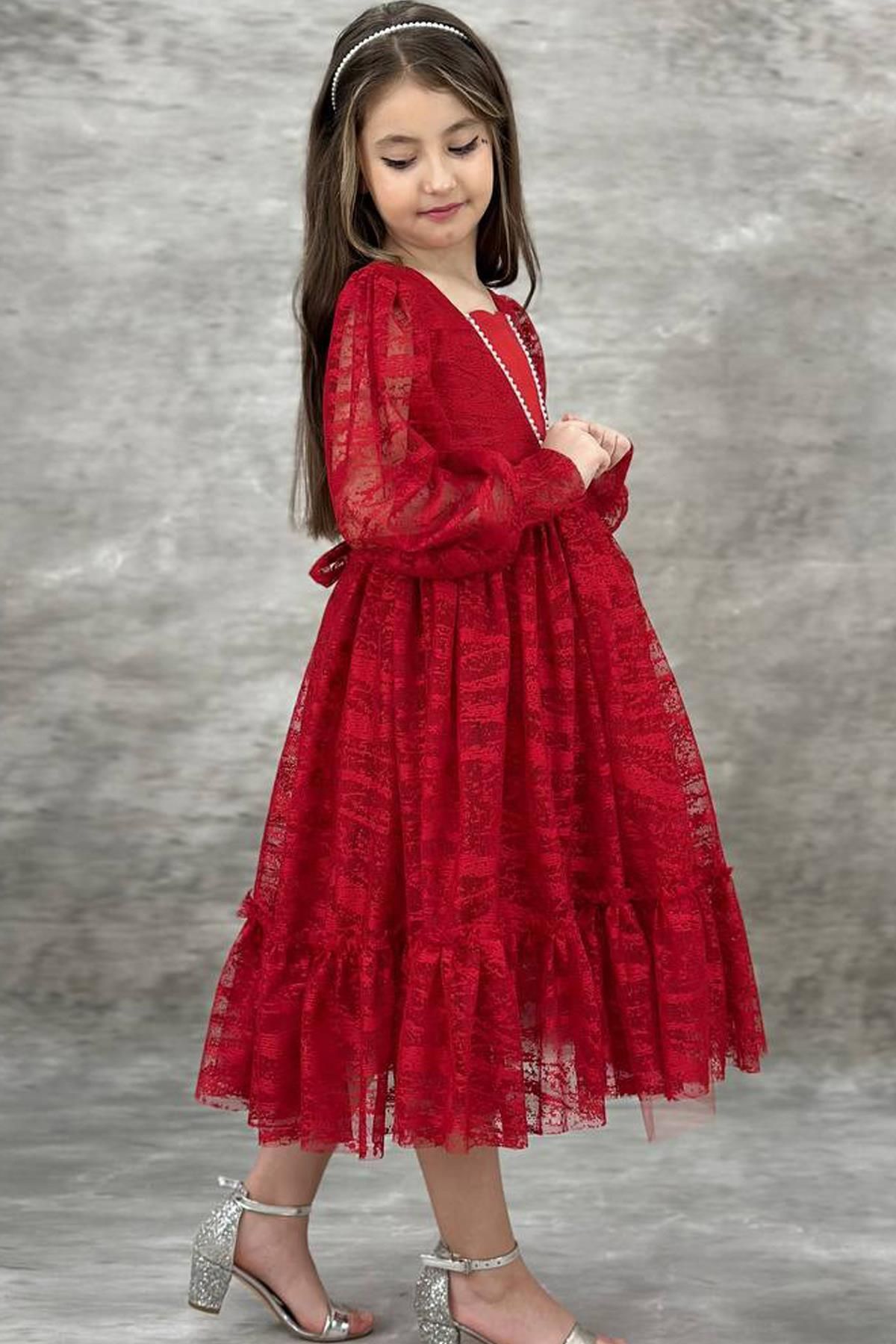 Riccotarz-Girl's Red Evening Dress with Transparent Sleeves, Pearl Beaded Collar and Ruffled Hem 2