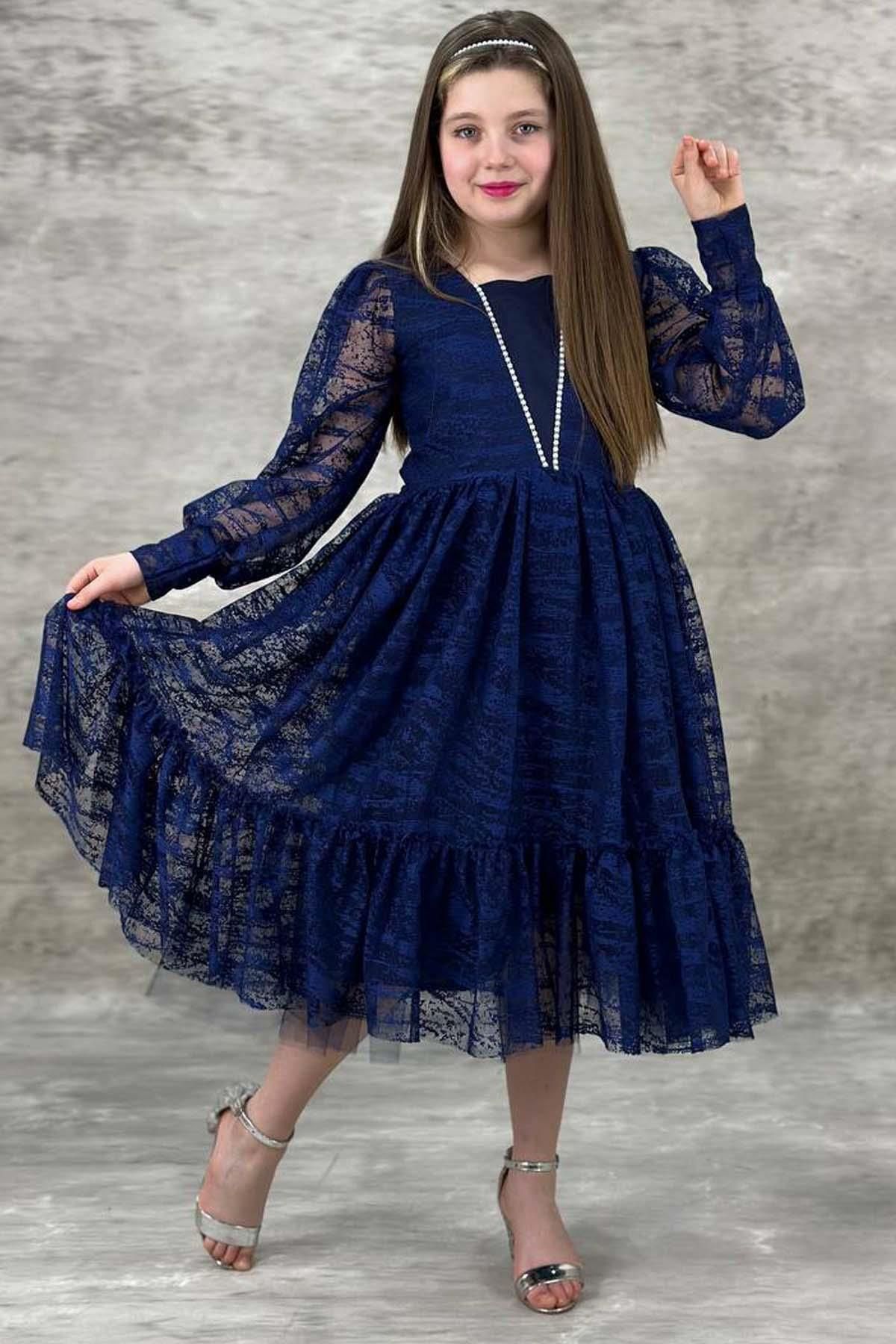 Riccotarz-Girl's Navy Blue Evening Dress with Transparent Sleeves, Pearl Beaded Neck and Ruffled Hem 3