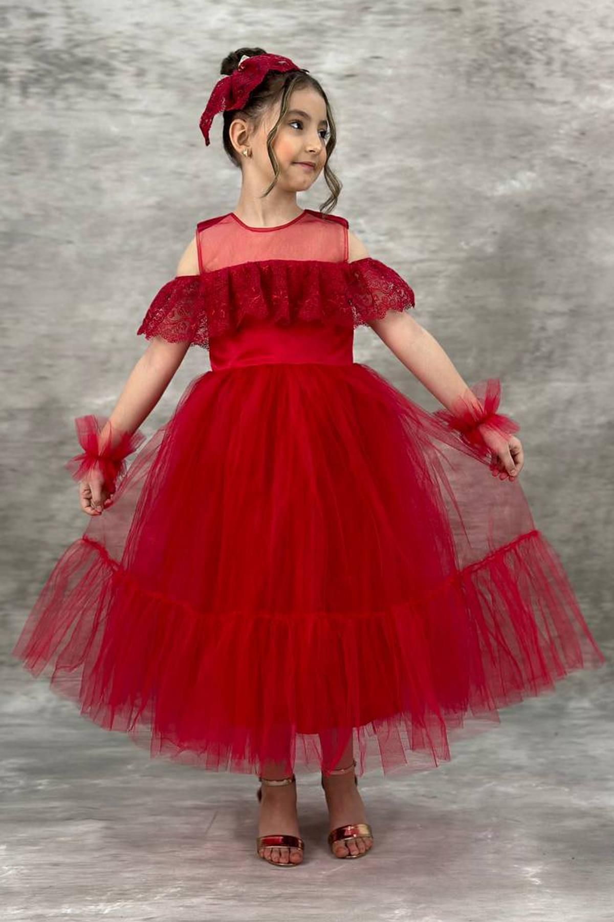 Riccotarz-Girl's Red Evening Dress with Transparent Collar, Off-the-Shoulder, and Guipure Embroidered Sleeves 1