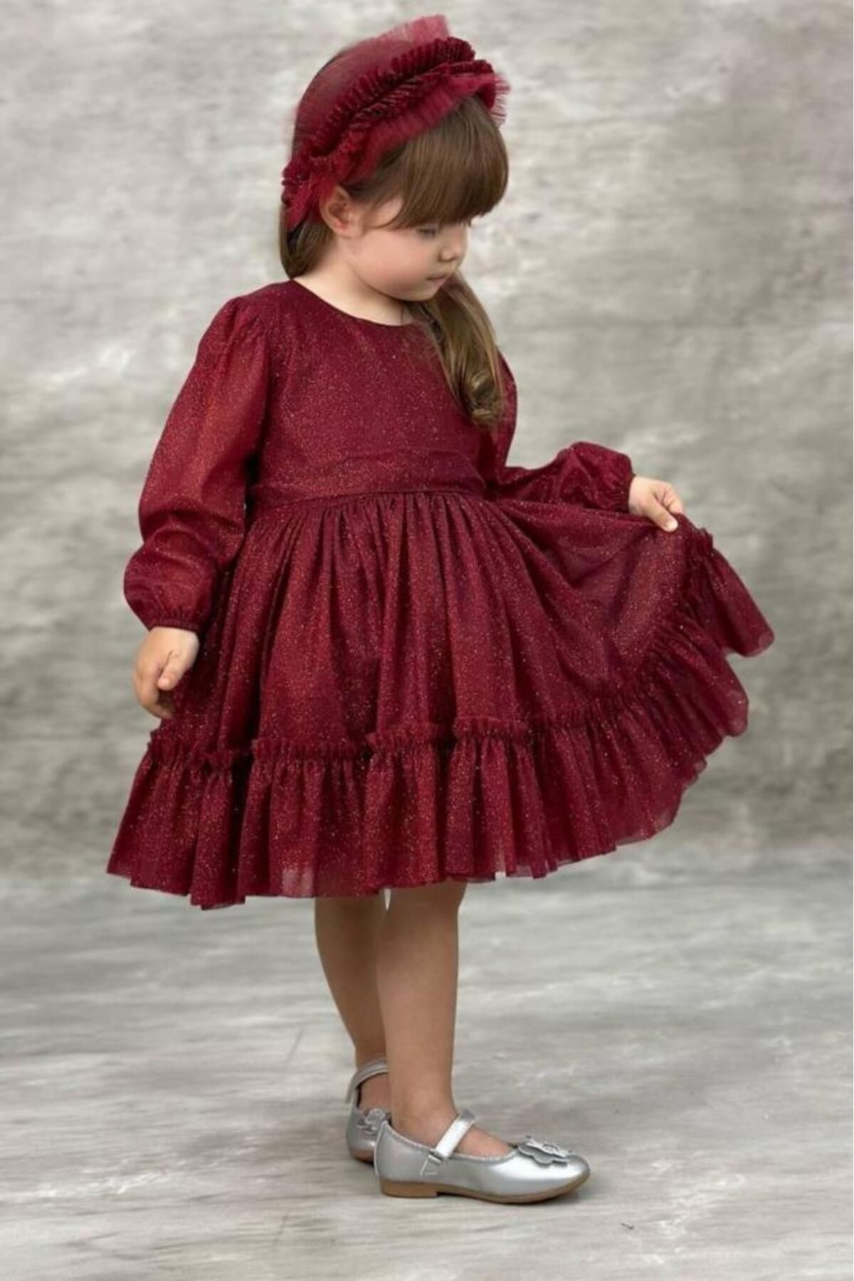 Riccotarz-Girl's Crew Neck Sleeves Transparent Skirt Tulle Glitter Burgundy Evening Dress 6