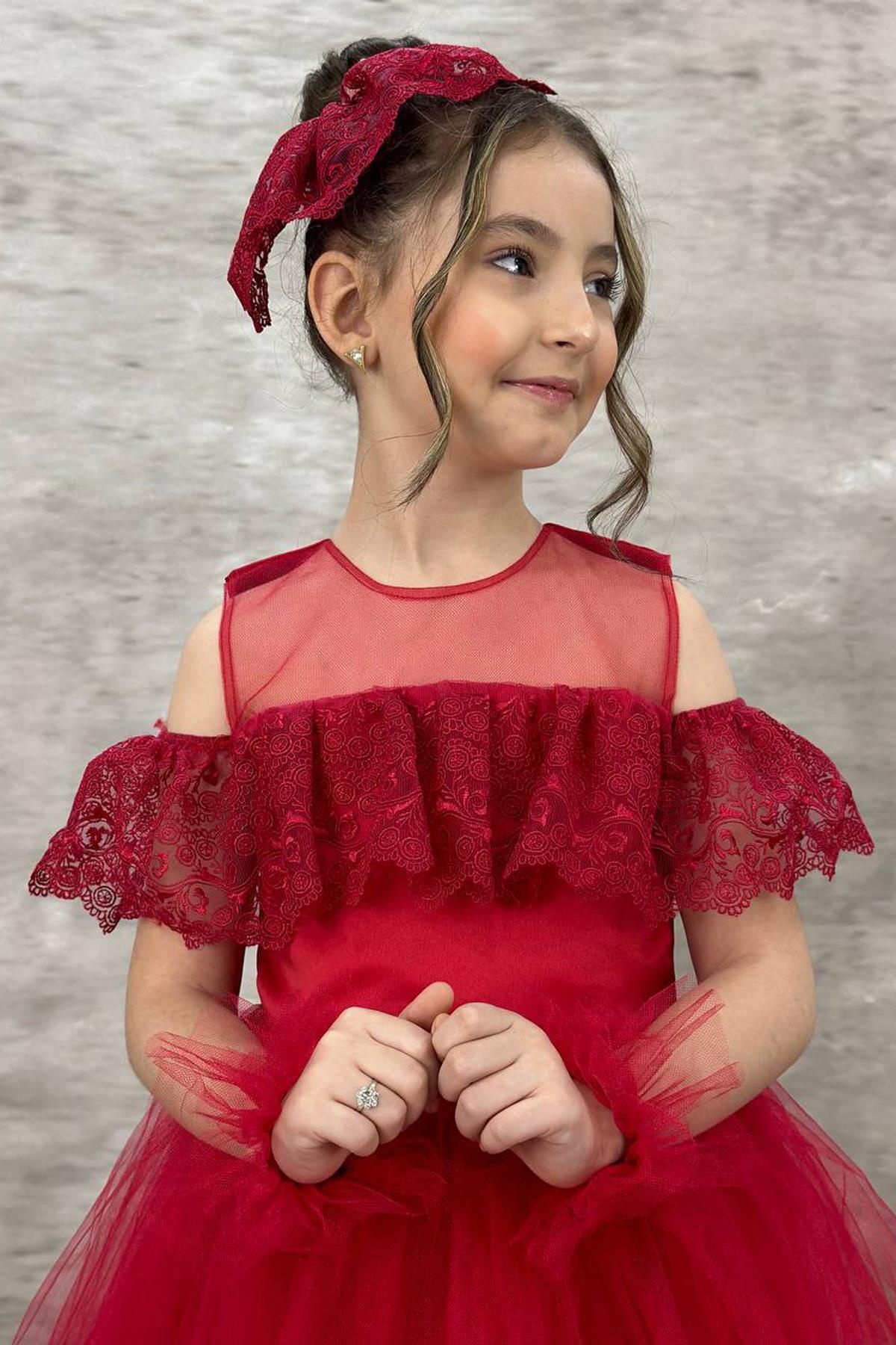 Riccotarz-Girl's Red Evening Dress with Transparent Collar, Off-the-Shoulder, and Guipure Embroidered Sleeves 3