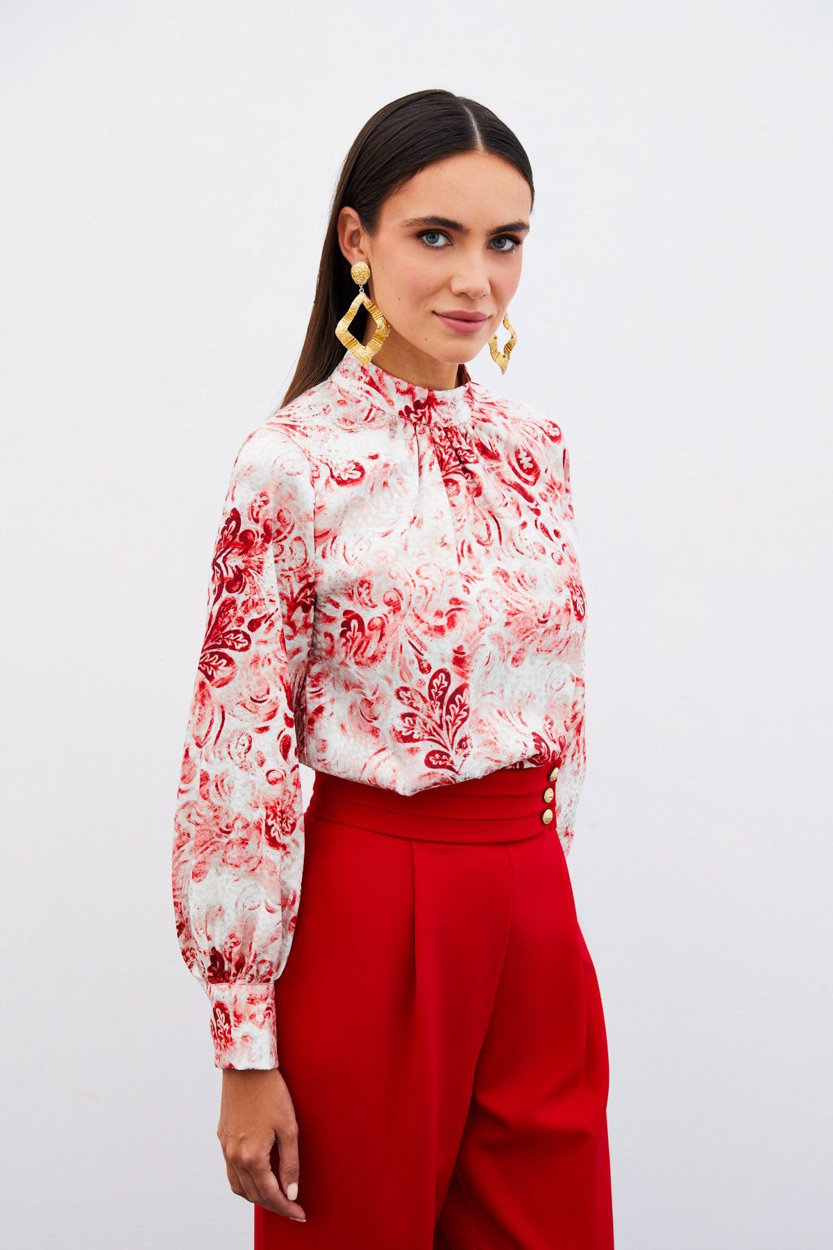 Sateen-Red Patterned Stand Collar Blouse 1