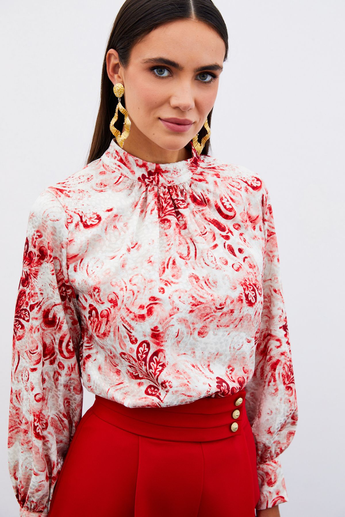 Sateen-Red Patterned Stand Collar Blouse 7