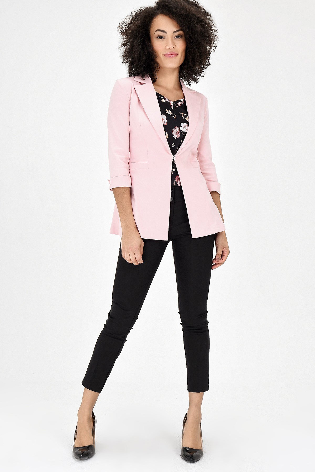 Capri Truvakar Sleeve Ornament Pocket Clasp Office Blazer Fabric Jacket-Powder