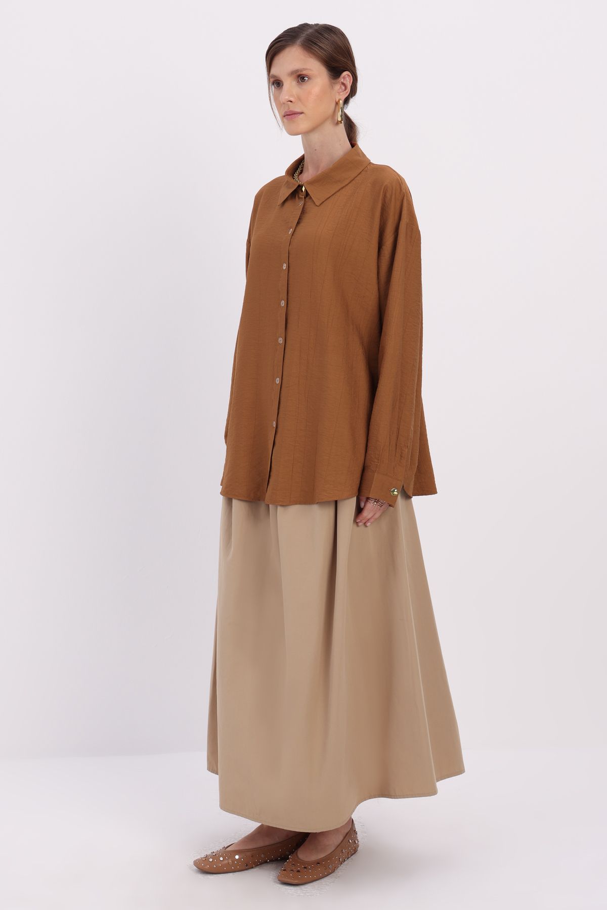 ALLDAY-Brown Large Size Stylish Buttoned Shirt with Cuff Detail 3