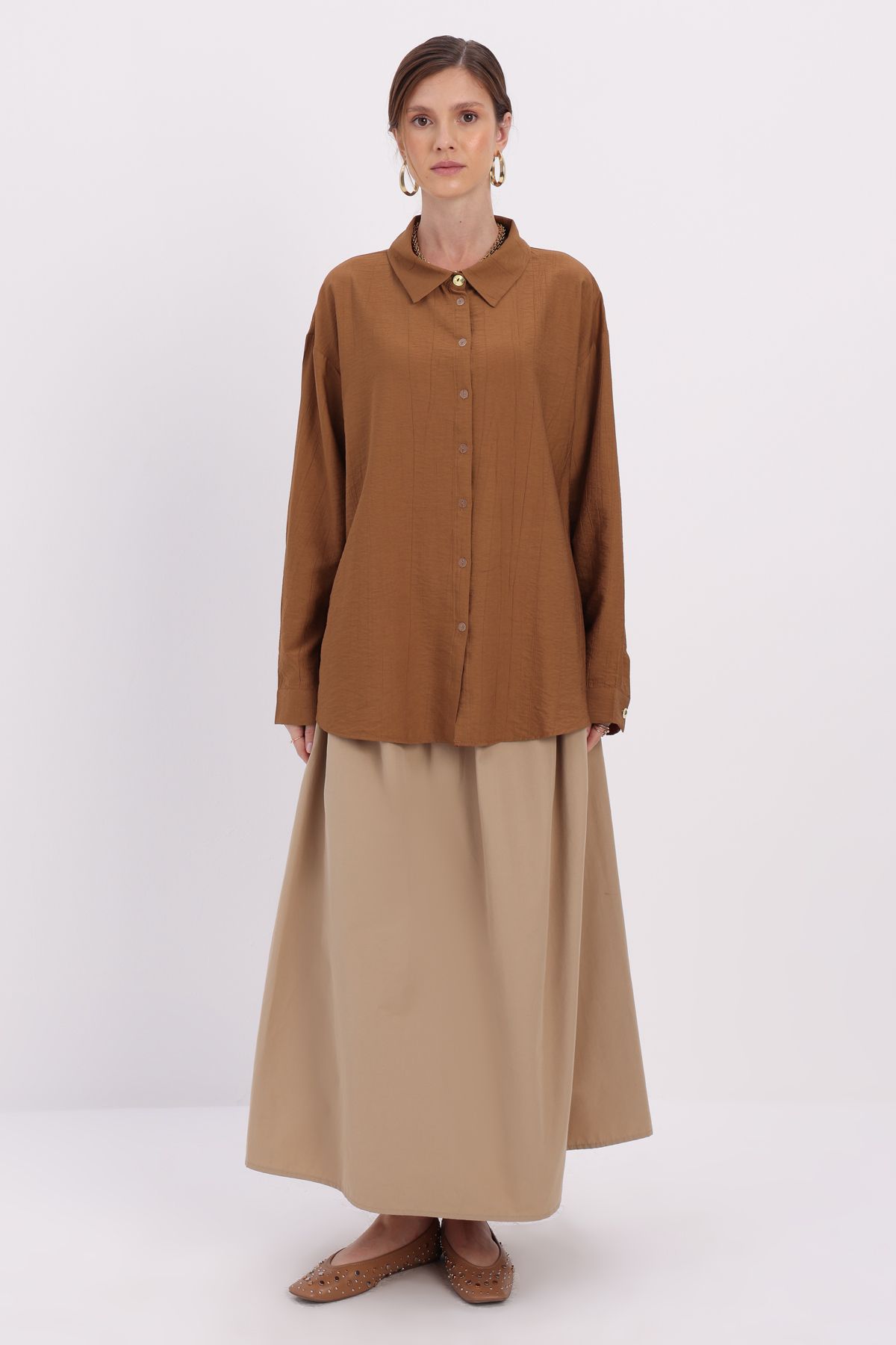 ALLDAY-Brown Large Size Stylish Buttoned Shirt with Cuff Detail 2