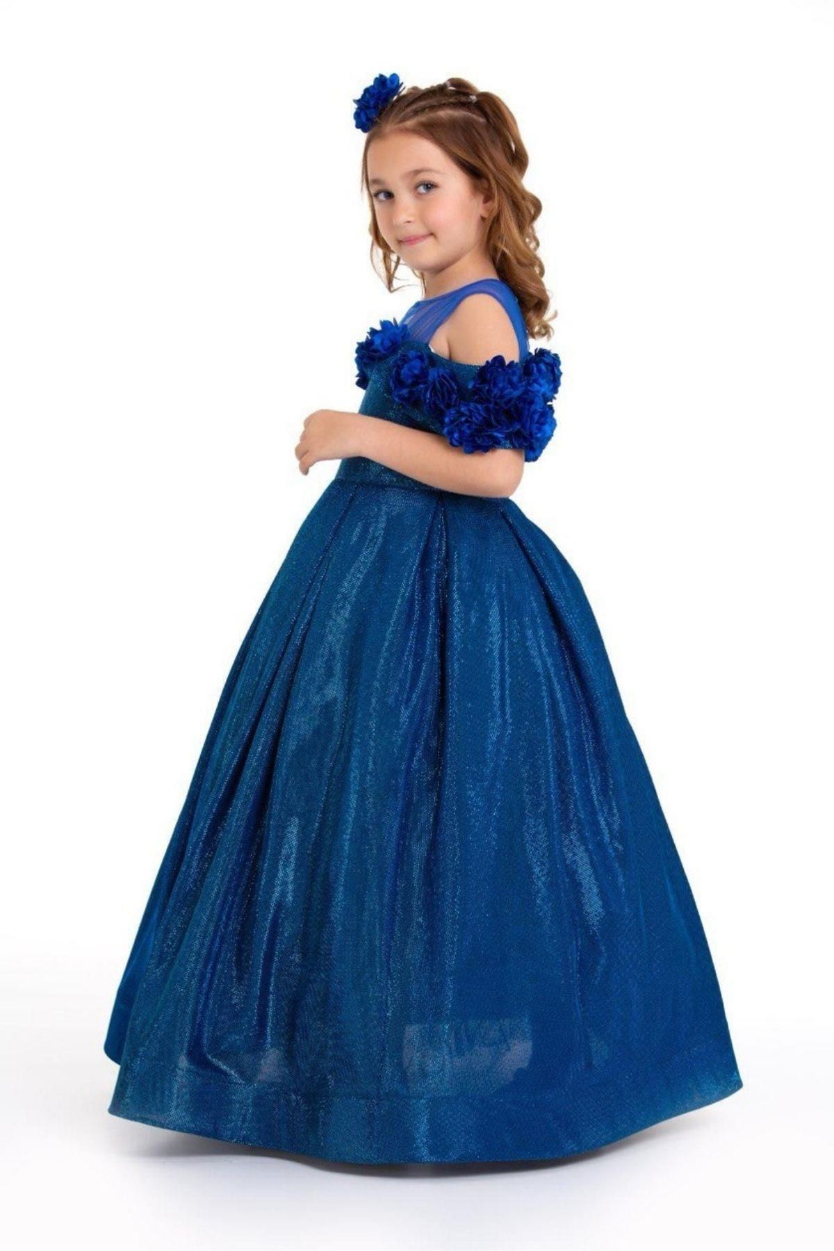 Riccotarz-Glitter Blue Evening Dress with Flower Embroidery for Girl - Boat Neck 2