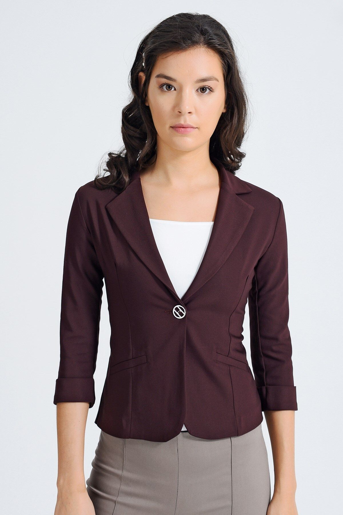 Jument-Collared Flato Pocket Capri Three Quarter Sleeve Short Blazer Jacket 3