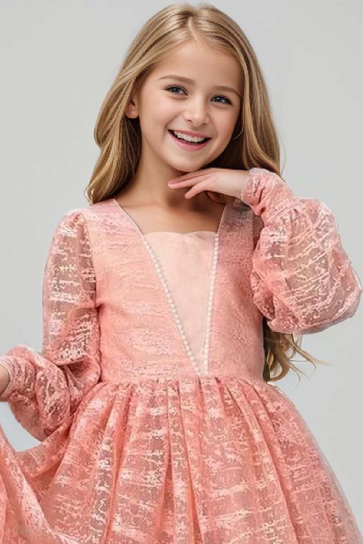 Riccotarz-Girl's Salmon Evening Dress with Transparent Sleeves, Pearl Beaded Neck and Ruffled Hem 7