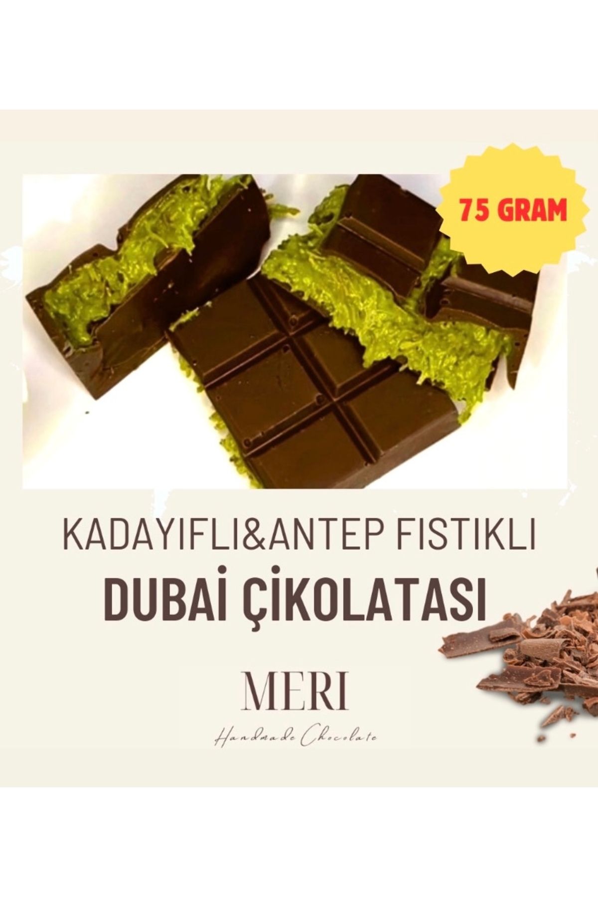 Gerçek Dubai Çikolatası - Küçük Boy- %70 Antep Fıstıklı Kadayıflı Meşhur 75 gram El Yapımı Çikolata