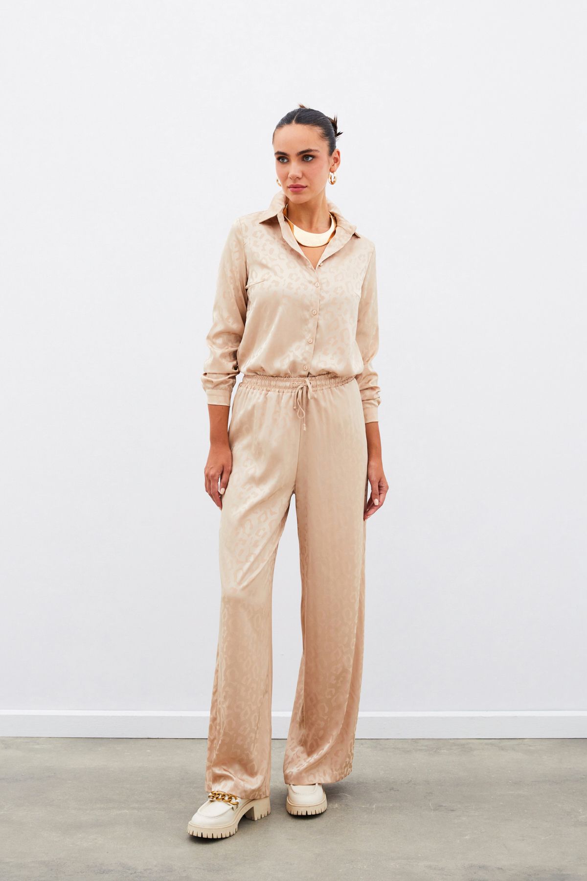 Sateen-Camel Patterned Elastic Waist Trousers 3