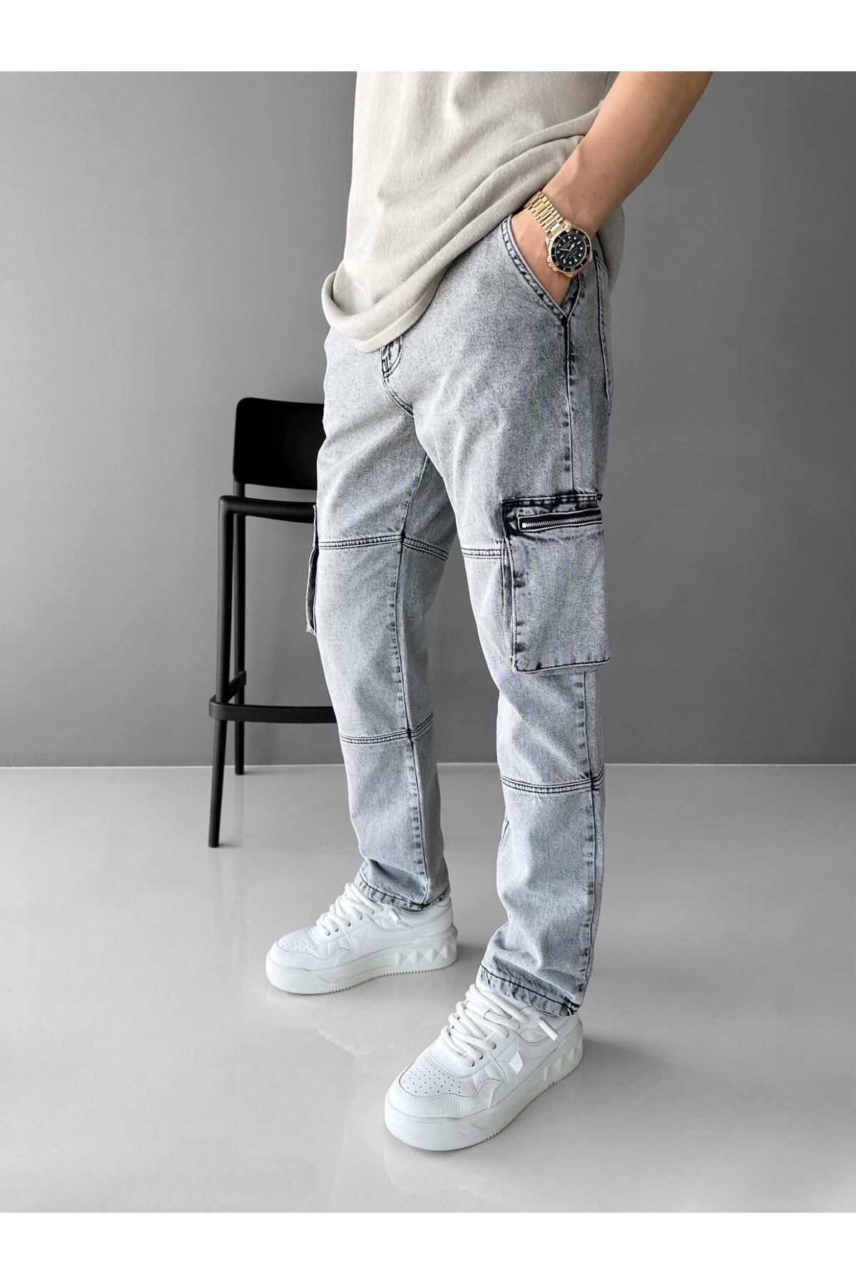 ablukaonline-Graue, gewaschene Baggy-Fit-Jeans-Cargohose für Herren 3