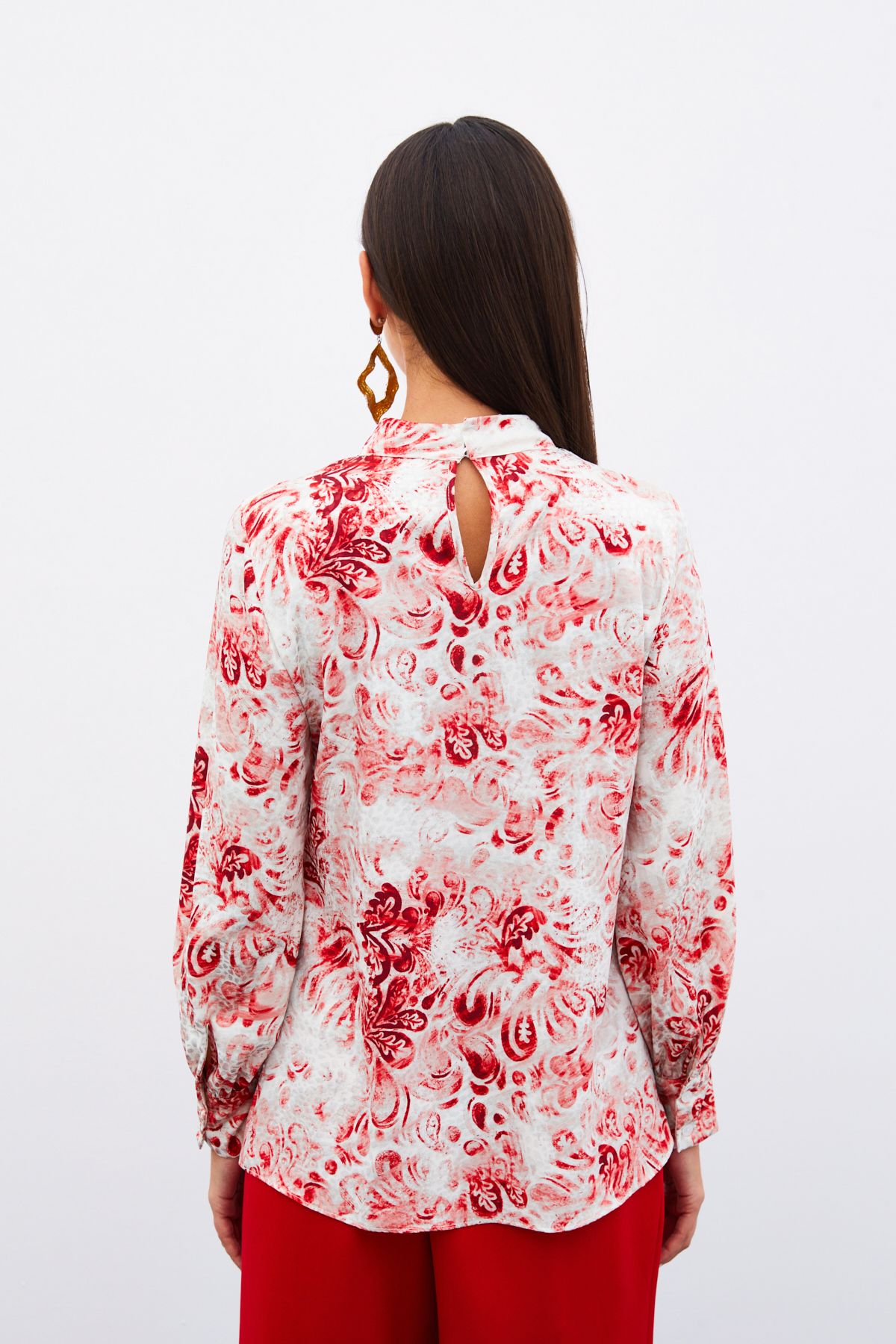 Sateen-Red Patterned Stand Collar Blouse 8