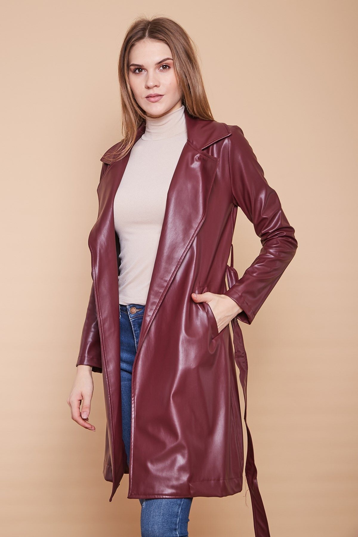 Jument-Belted Ecological Faux Leather Long Below Knee Sports Jacket Trench Coat-burgundy 3