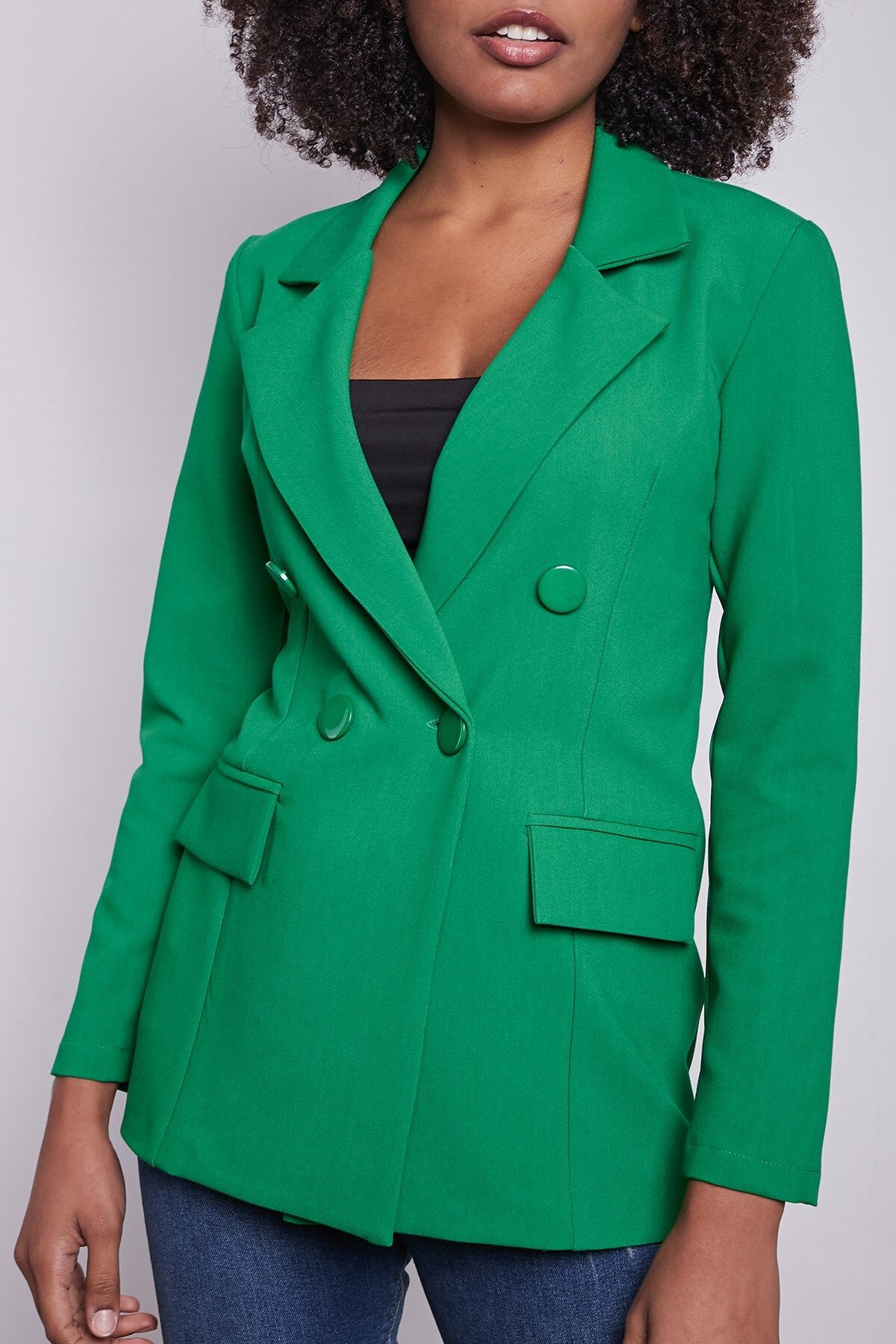 Jument-Women's Button Detailed Long Sleeve Stylish Office Ornament Pocket Flap Fabric Blazer Jacket - Benetton Green 5